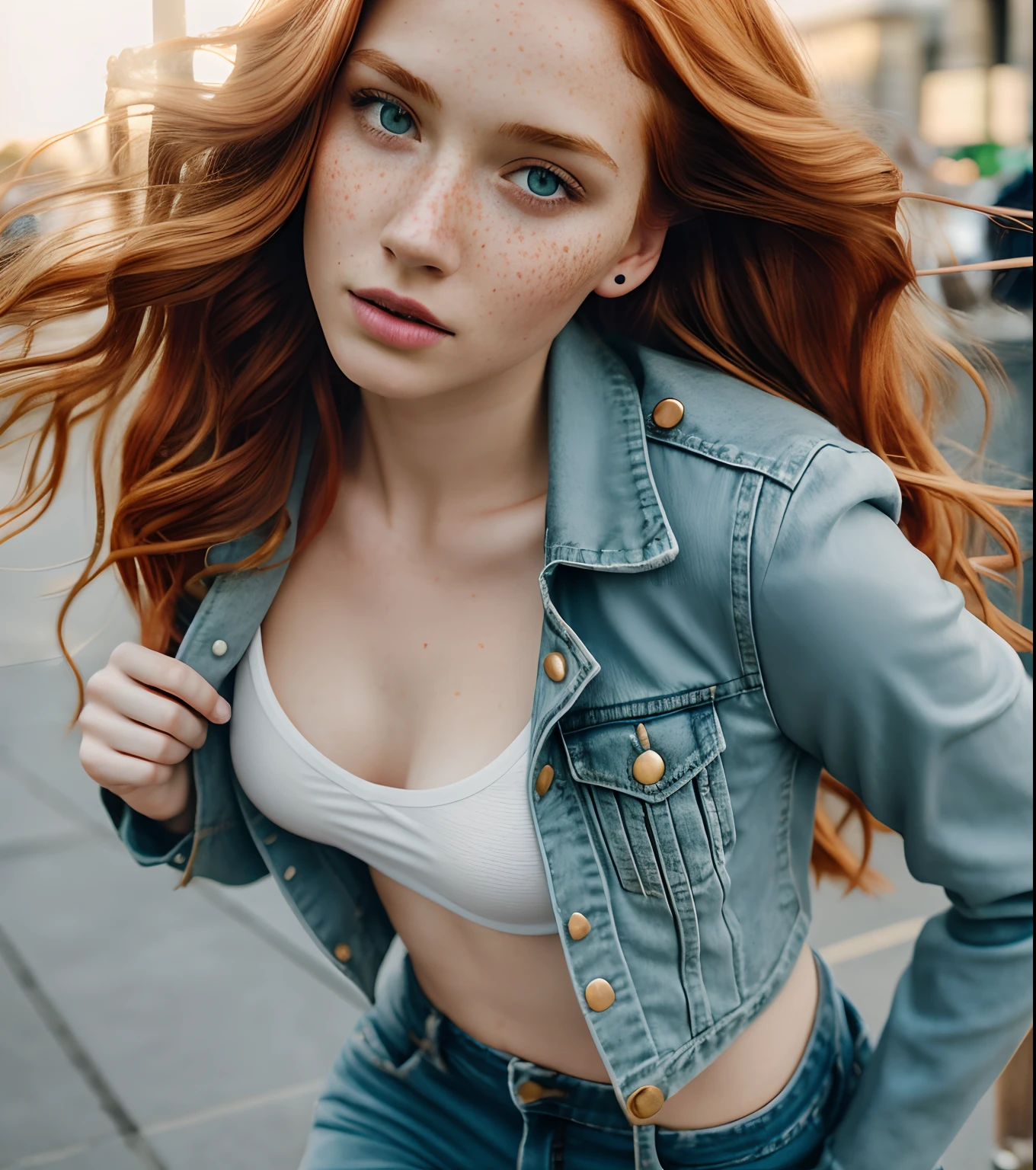 1girl in, age19, Solo, Aesthetic artwork, irish redhead, wavy ginger hair, shoulder length ginger hair, gray eyes, light grey eyes, some small freckles, pale skin, A-cup, small breasts, runners body, detailed skin texture, dancing around city fountain, downtown, park, (extremely detailed 8k wallpaper), soft lighting, high quality, film grain, Fujifilm XT3 sharp focus, f 5.6, 50mm, High Detail, Sharp focus,(natural light), light blue jacket, khaki jacket, faded blue jeans, holes and blue jeans, crazy details, complex details, hyper detailed