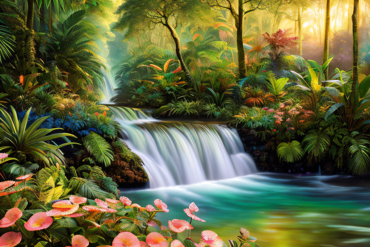 , rainforest, Eau,coucher du soleil,fleurs,ciel bleur, guirlandes(Highly detailed CG Unit 8k wallpaper), The most beautiful work of art in the world, Professional majestic oil painting, complexe, High detail, mise au point nette, dramatique, Art of photorealist painting,