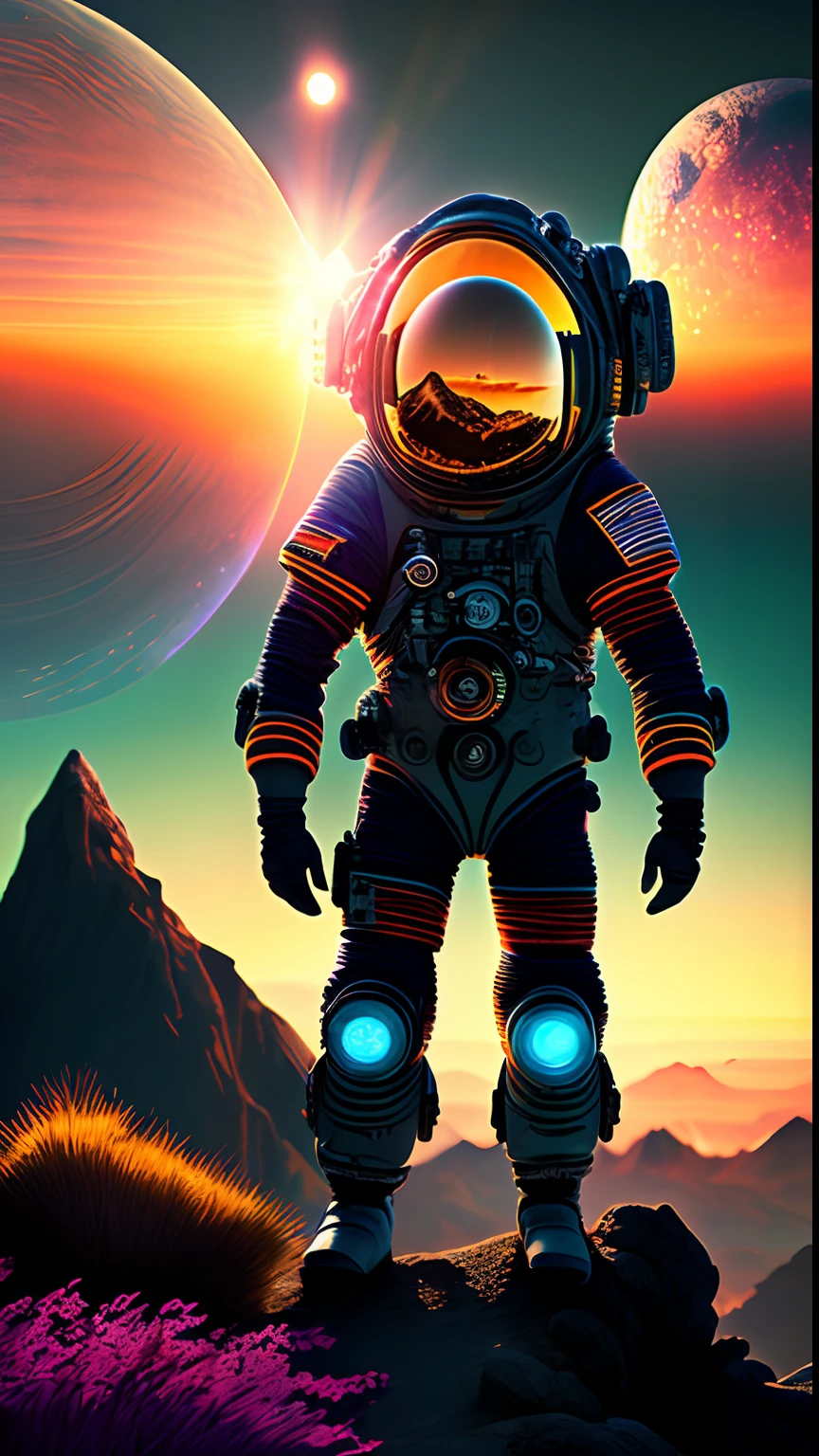 (best quality,4k,8k,highres,masterpiece:1.2),ultra-detailed,(realistic,photorealistic,photo-realistic:1.37),an astronaut,humans,sunset,light waves,intricacy,highly detailed,astronaut visor reflecting vibrant colors,exploring an alien planet,glowing particles floating in the air,colorful rays of light filtering through the atmosphere,meticulously textured spacesuit capturing every fine detail,humans observing the breathtaking sunset from a distant hill,interplay of intricate patterns and textures in the surrounding landscape,subtle gradient of warm tones illuminating the scene,gorgeous tapestry of light and shadow,each strand of grass and leaf carefully rendered with precision and realism,majestic mountains silhouetted against the colorful sky,a sense of tranquility and wonder in the air.HRGigerArhP style