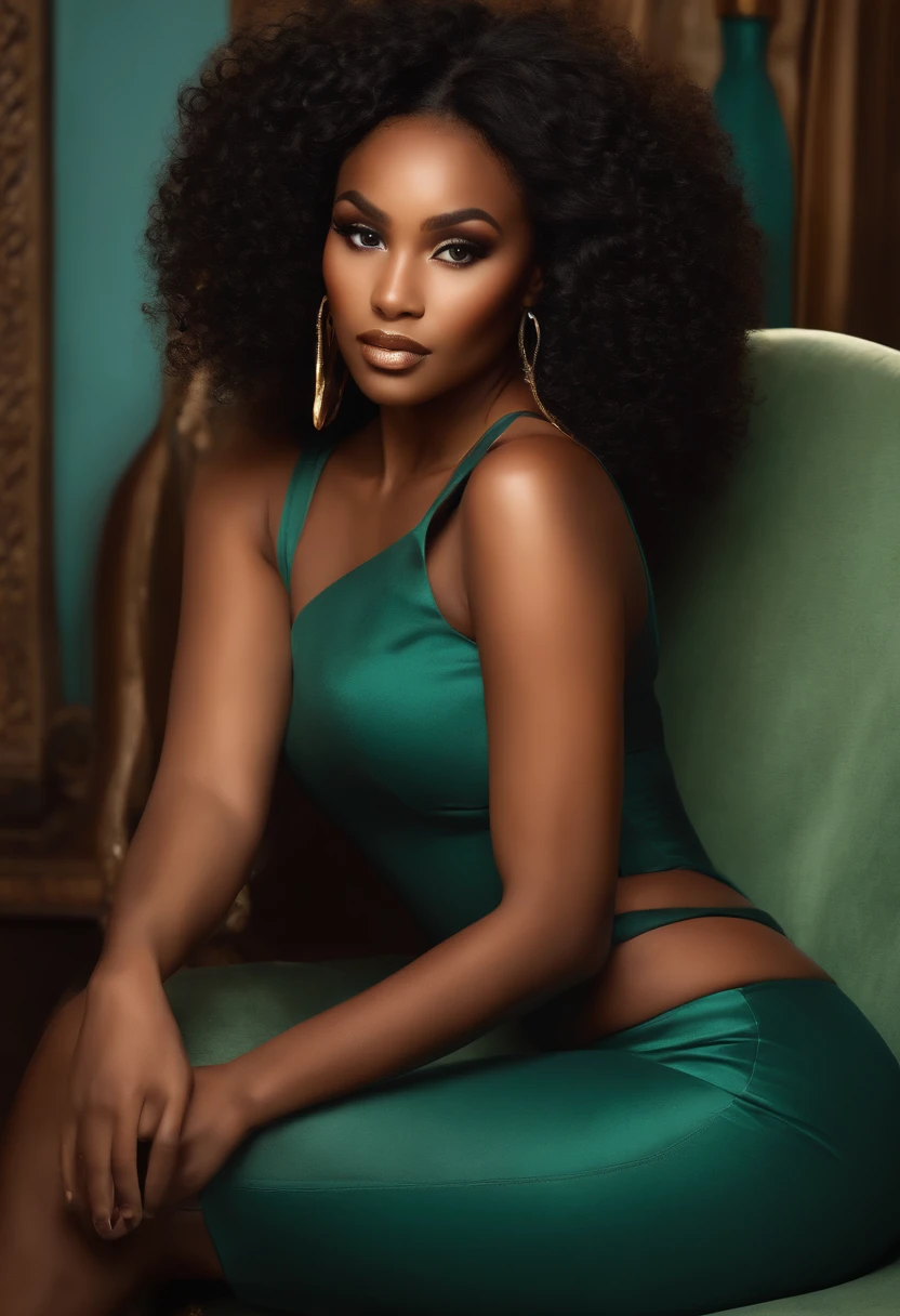 (best quality,highres),beautiful black woman with gorgeous curves,sitting on a stylish chair,arms crossed,vibrant colors,soft lighting,artistic portrait,contemporary style,luxurious texture,ultra-detailed,fine art painting,earth tones,bokeh,smooth skin,long and curly hair,expressive eyes,pouty lips,confident expression,captivating gaze,cheekbones,beautiful complexion,creative lighting effects,modern background,striking composition,subtle elegance