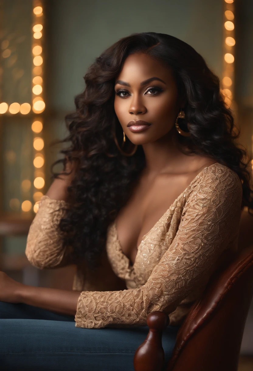 (best quality,highres),beautiful black woman with gorgeous curves,sitting on a stylish chair,arms crossed,vibrant colors,soft lighting,artistic portrait,contemporary style,luxurious texture,ultra-detailed,fine art painting,earth tones,bokeh,smooth skin,long and curly hair,expressive eyes,pouty lips,confident expression,captivating gaze,cheekbones,beautiful complexion,creative lighting effects,modern background,striking composition,subtle elegance