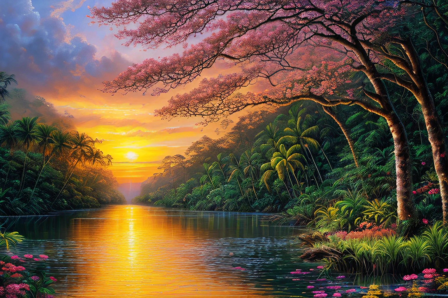 , rainforest, Eau,coucher du soleil,fleurs,ciel bleur, guirlandes(Highly detailed CG Unit 8k wallpaper), The most beautiful work of art in the world, Professional majestic oil painting, complexe, High detail, mise au point nette, dramatique, Art of photorealist painting,