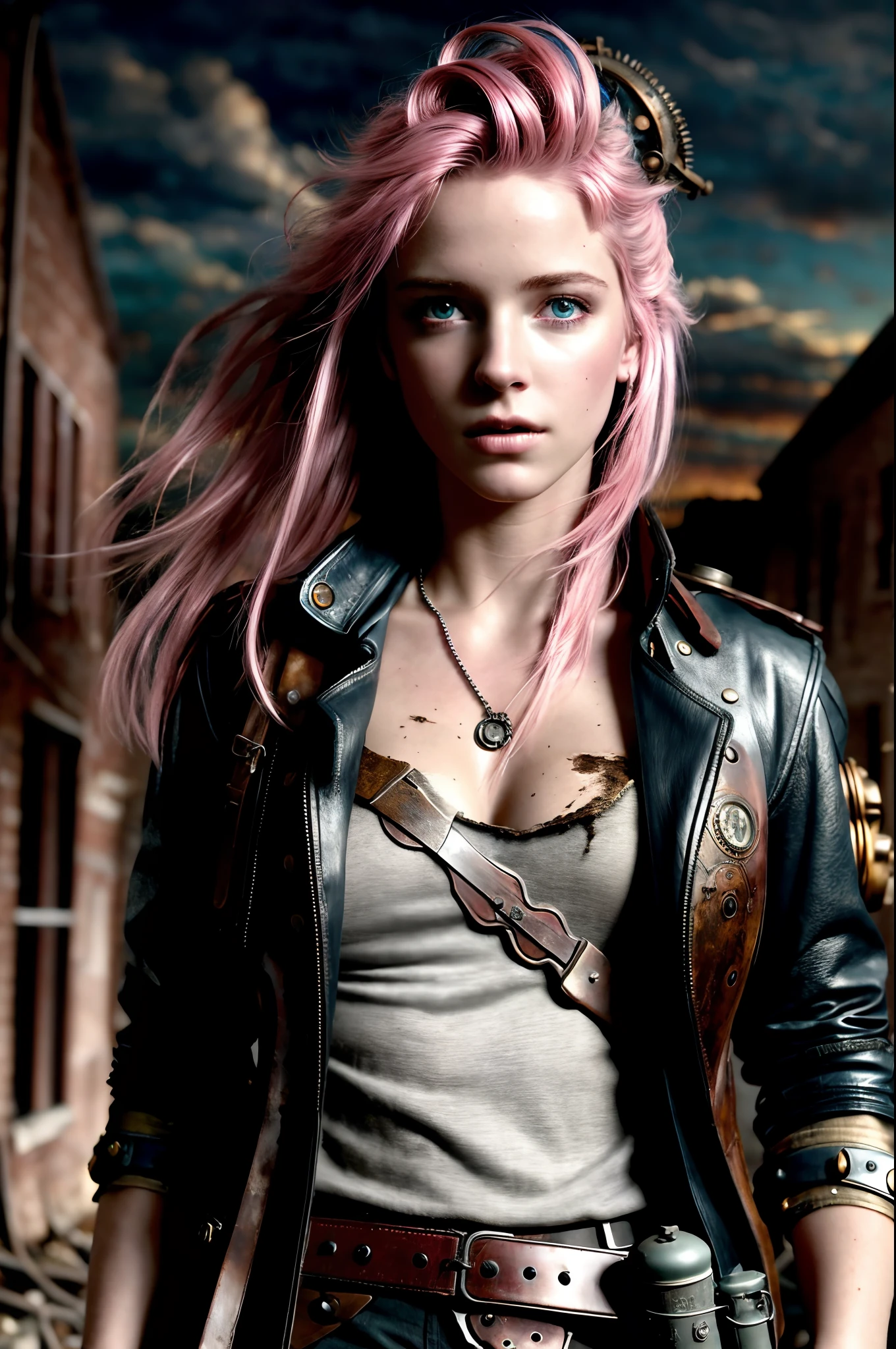 masterpiece, ultra detailed, 8K, Raw photo, Realistic light, Cinematic composition, skyscape with clouds, full colours nightfall, depth of field, 35 mm, postapocalyptic aura, steampunk aesthetic, 18 years old cute woman, on the ruined street, (torn dirty steampunk clothing), cute sexy, depth of field, (Focus: 1.2), dark atmosphere, in dinamic movement, cinematic lighting, detailed face and skin texture, fine eyes, pink hair colour, action movie style, vivid colours