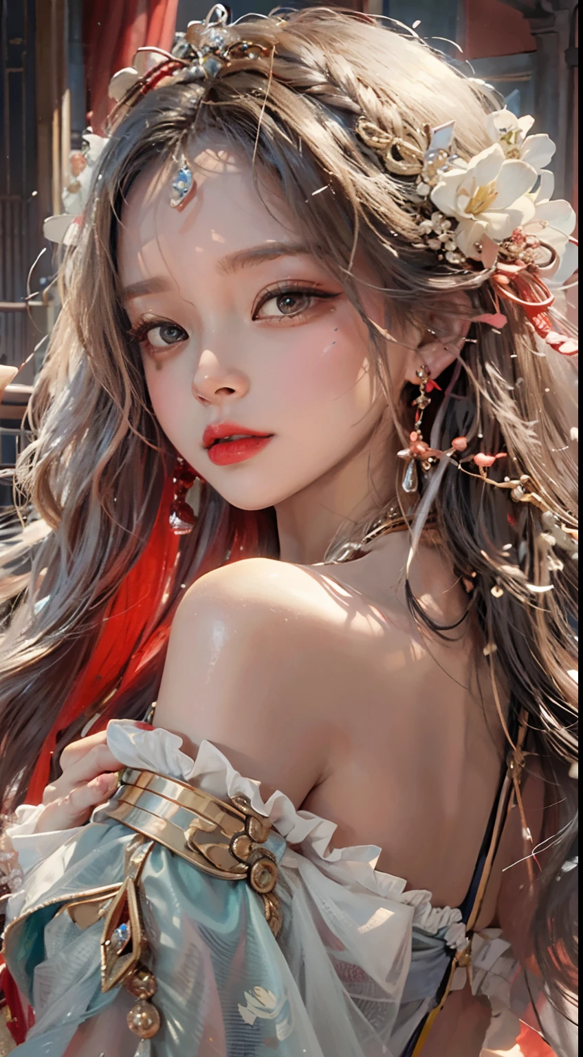 Ultra realistic 8K CG, Picture-perfect face, flawless, clean, masutepiece, Professional artwork, famousartwork, Cinematic lighting, Cinematic bloom, Perfect face,(年轻:1.2)(Voluptuous),((20yr old)), Beautiful face, Beautiful eyes,(:1.1), (((Perfect female body, Narrow waist))), young princess, royal, divine, Goddess, godlike, (the royal palace), Fantasy, Dreams, Unreal, Science fiction, (Normal breasts:1.2), Beautiful clothes, Lace, Lace trim, Lace-trimmed legwear, NSFW,, absurdly long hair, Very long hair, (Rich:1.4), Necklace, earrings, Bracelet, armlet, Looking at Viewer,(thong:1), (There are up to 5 fingers on the hand), (Red Lip), shenhe \(GenshinImpact\)