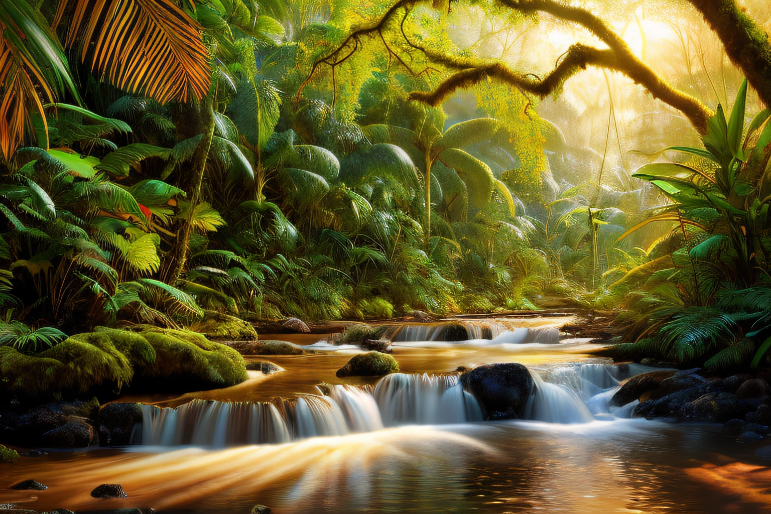 , rainforest, Eau,coucher du soleil,fleurs(Highly detailed CG Unit 8k wallpaper), The most beautiful work of art in the world, Professional majestic oil painting, complexe, High detail, mise au point nette, dramatique, Art of photorealist painting,