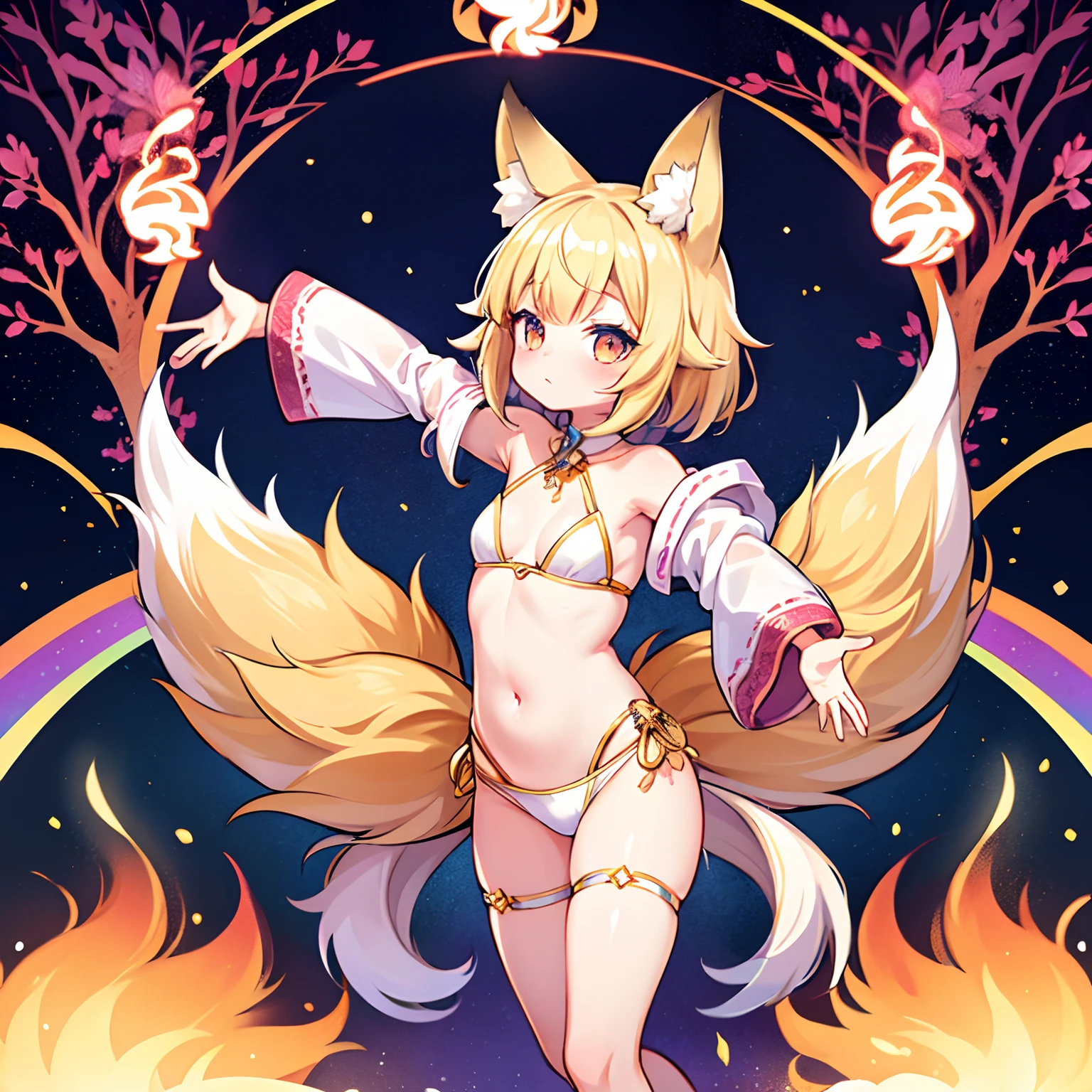 ​masterpiece、Girl personified by a nine-tailed fox、Fox ears and tail and paws、dance、Cute、psychedelic