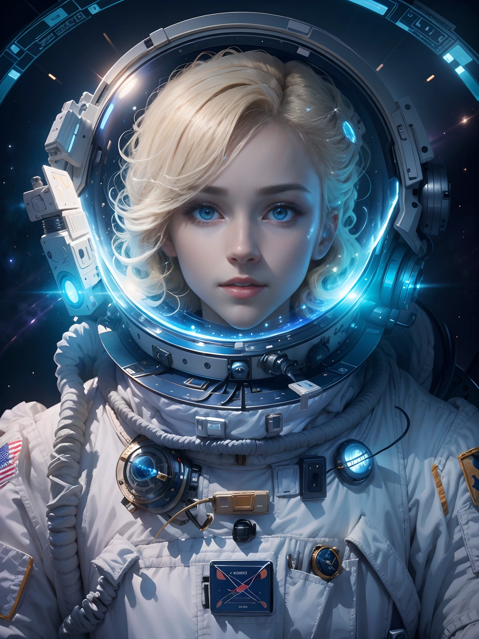 Astronaut poster，Beautiful space astronaut，half-body portrait。coiffed blonde hair，blue colored eyes，Wearing a spacesuit
Edge lights，Global illumination