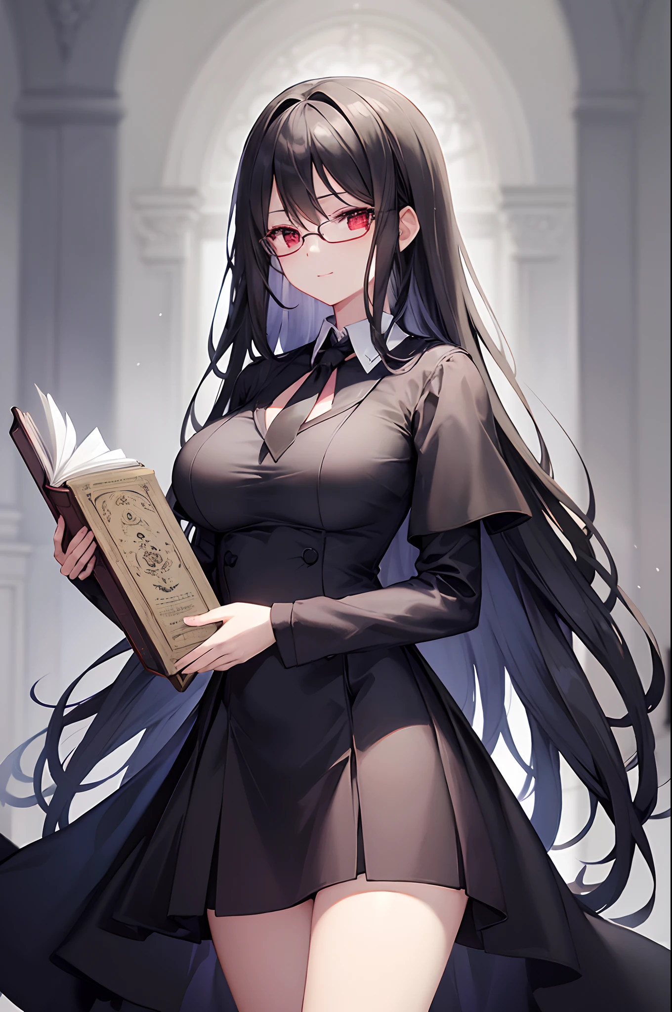 animesque、top-quality、hight resolution、Standing picture、a beauty girl、femal、Wearing intelligent glasses、Long shiny and detailed black hair、Detailed Black Suit、neck tie、skirt by the、Have a magic book、Red eyes with cartoonish details、Elegant、Gorgeous、elegent、A sexy、goodlooking、Gentle smile、