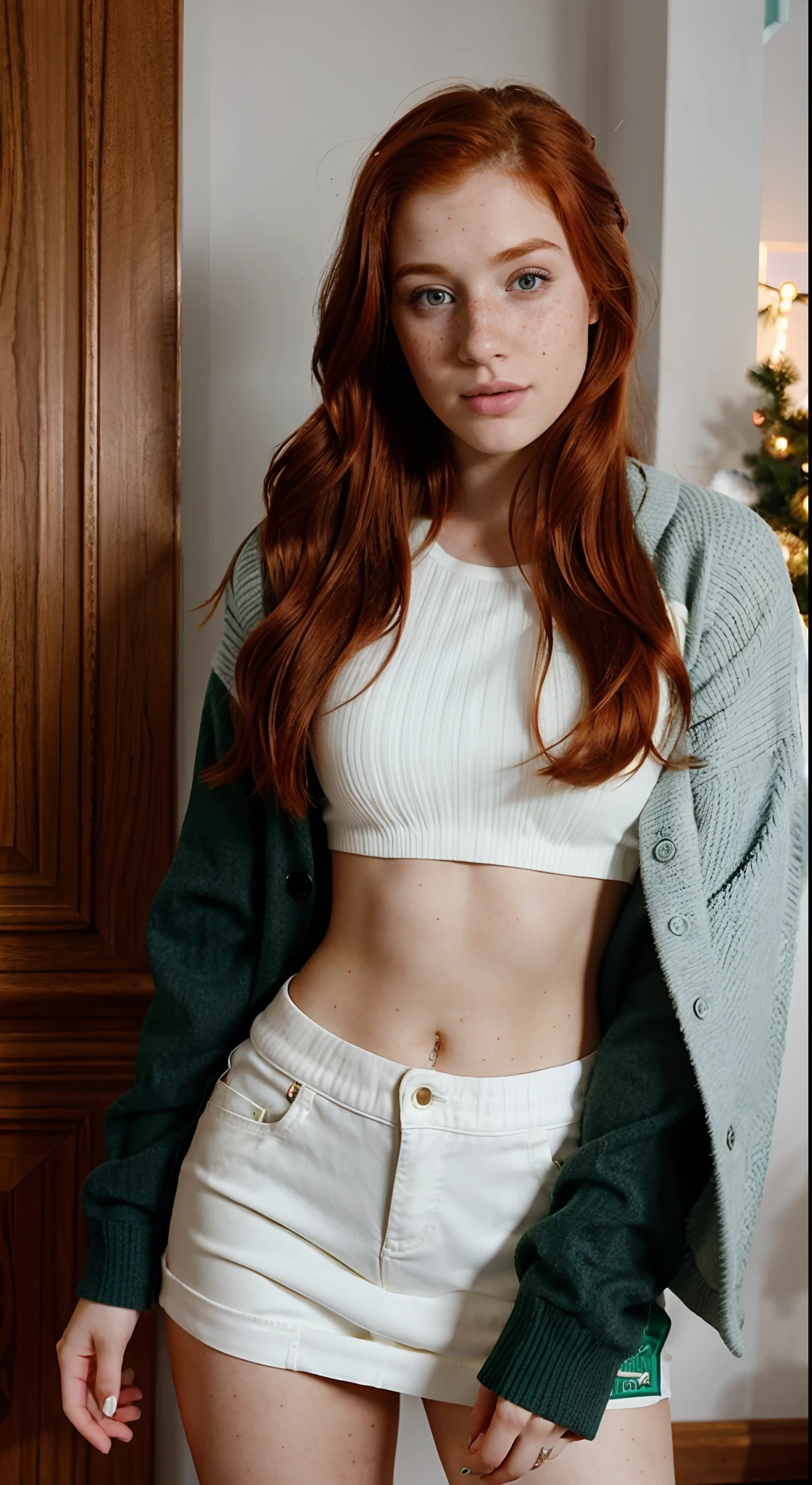 Hyper realistic 23 year old redhead girl of Irish descent with freckles in selfie mode for Instagram Snapchat influencer dressed full photo in winter