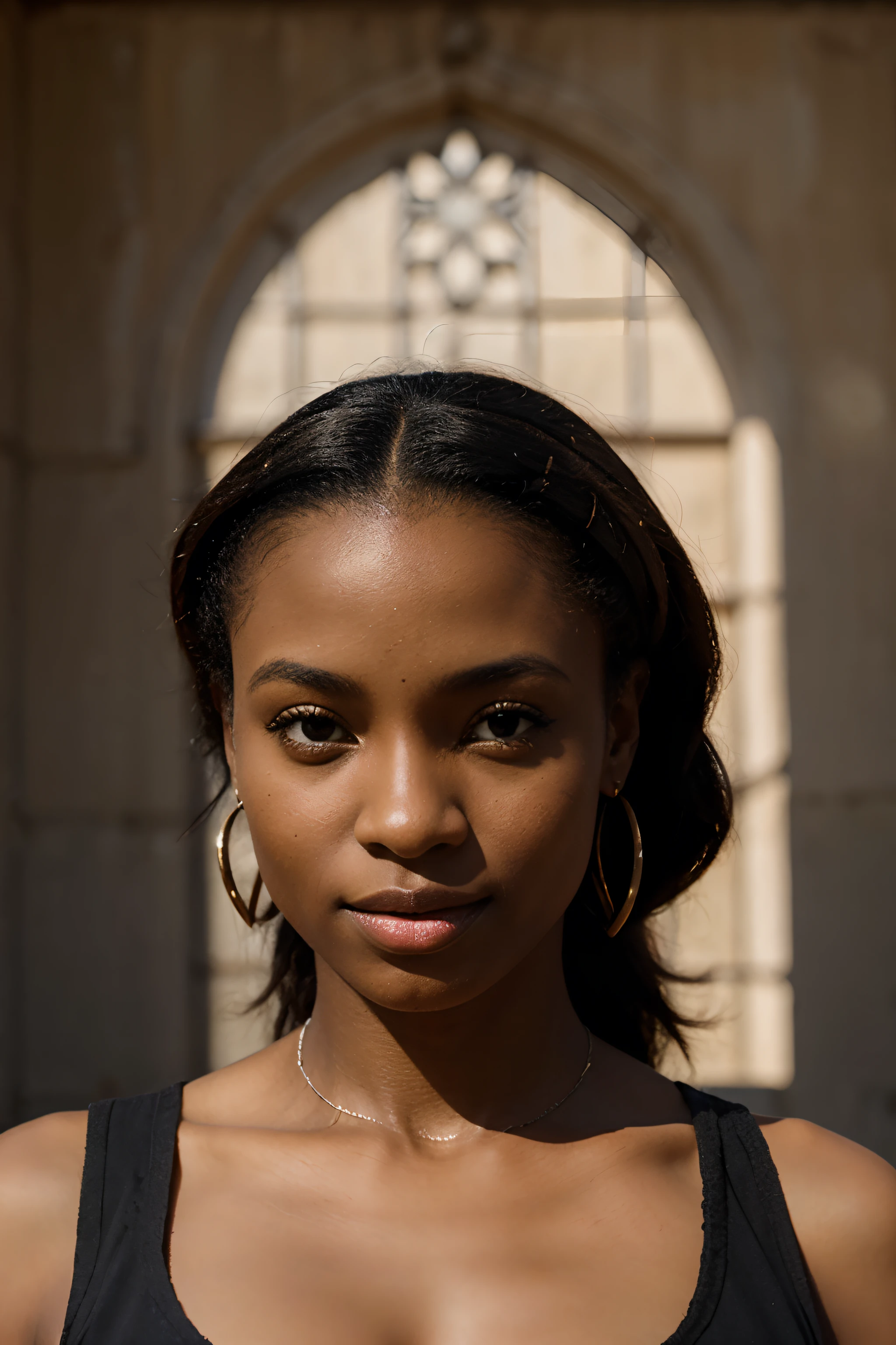 Belle africaine noir, jolie, petit visage, regarde droit dans l'objectif, Beautiful light