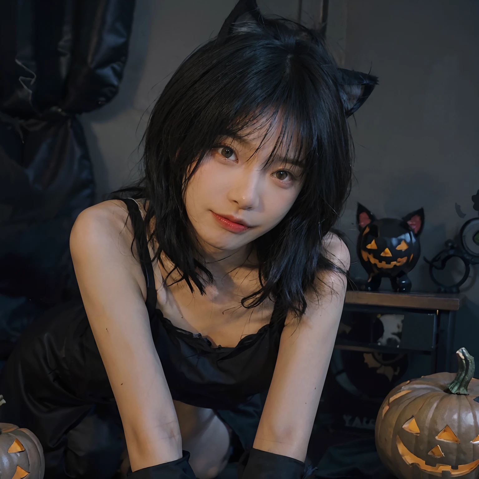 8K、(((Halloween atmosphere)))、(Black underwear)、(Being on all fours)、(((Black hair color))) 、pumpkins、undersized head、Best Quality, 超A high resolution, (Realism: 1.4), Realistic Photos, (True skin texture: 1.3), Beautiful eyes and face details, masutepiece, Best Quality, bob cuts、18year old、(((Black cat ears)))