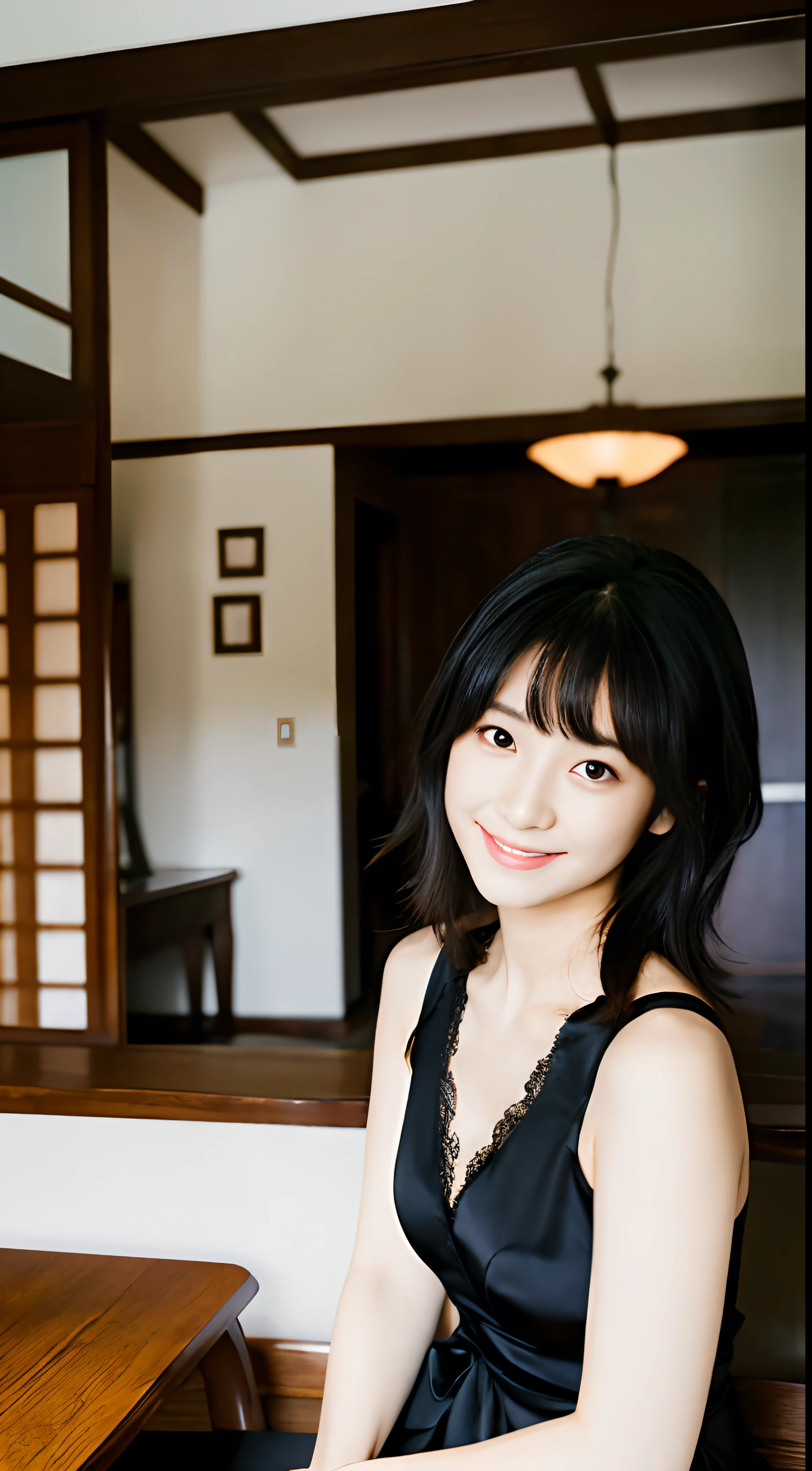 1girl in、Top image quality、Woman in her 20s、hposing Gravure Idol、A dark-haired、Black eye、japanes、inside in room、dressing gown、The table、sit a chair、A slender、realisticlying、ren、A slight smil、Be sure to draw your face、Correctly depict the structure of the human body、Looking at the camera、