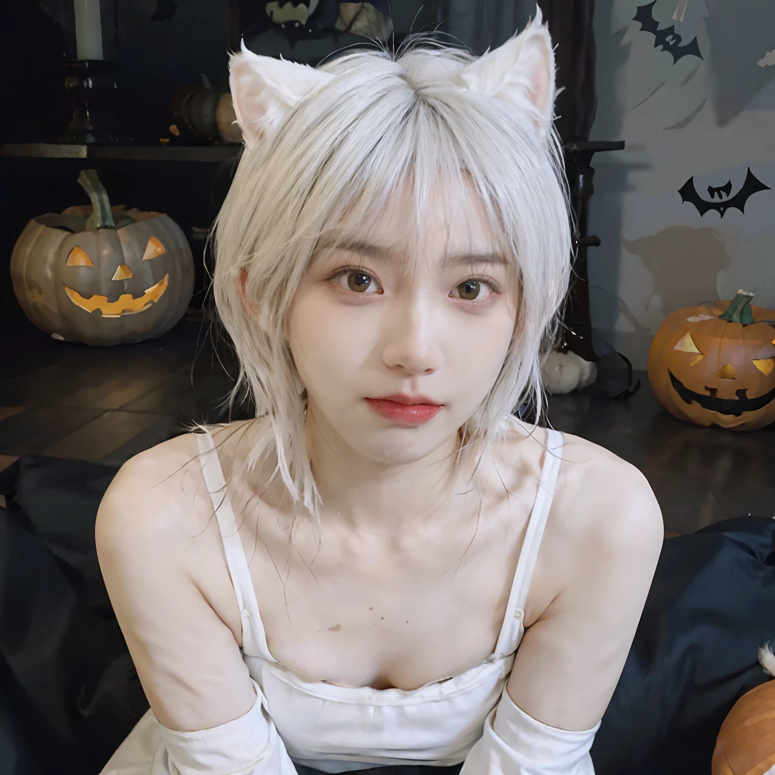 8K、(((Halloween atmosphere)))、(White underwear)、(Being on all fours)、(((White hair color))) 、pumpkins、undersized head、Best Quality, 超A high resolution, (Realism: 1.4), Realistic Photos, (True skin texture: 1.3), Beautiful eyes and face details, masutepiece, Best Quality, bob cuts、18year old、(((White cat ears)))