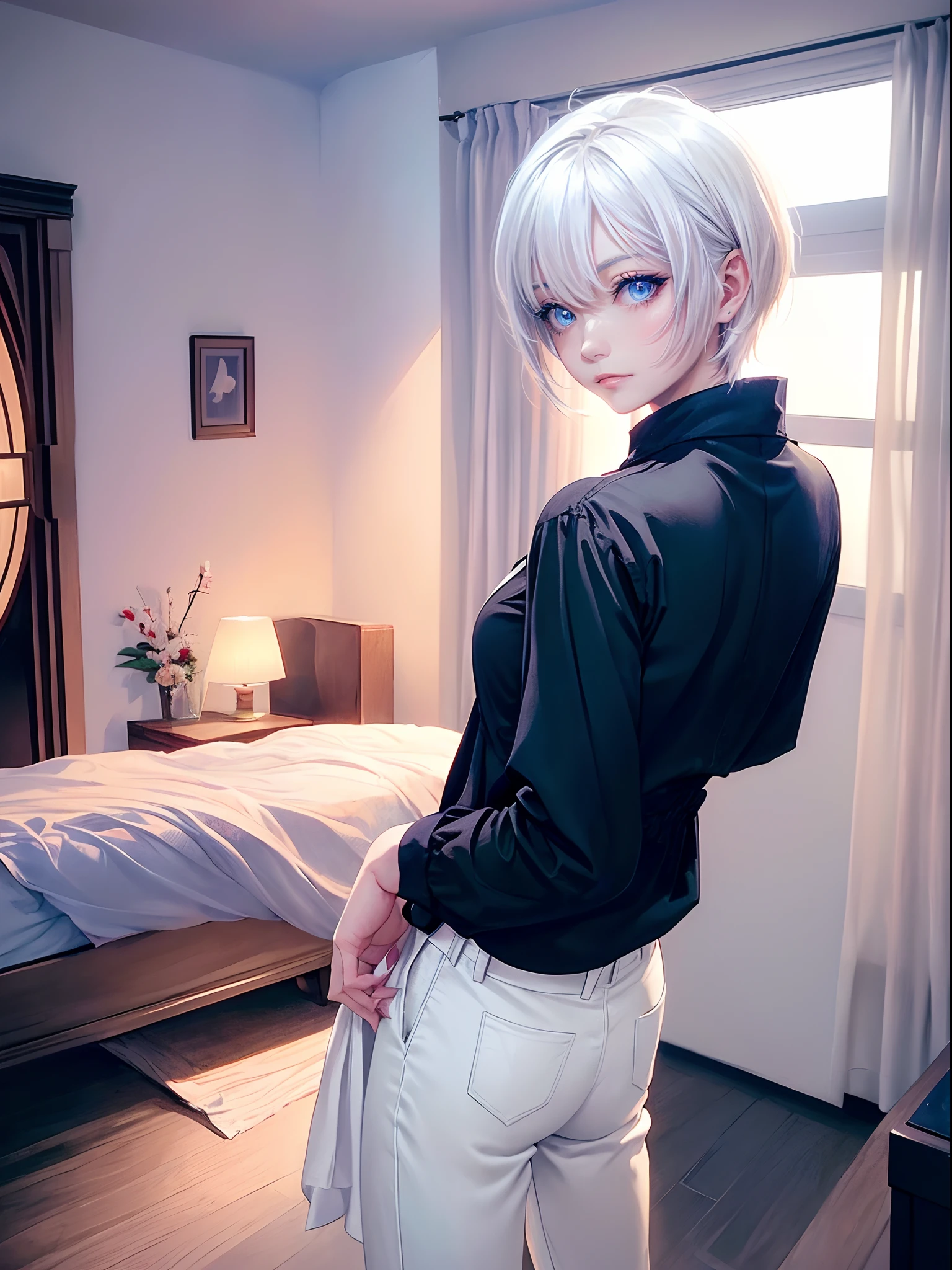 ((4K works))、​masterpiece、(top-quality)、One Beautiful Girl、Slim body、tall、((Black Y-shirt and white pants、Charming street style))、(Detailed beautiful eyes)、Stylish black bedroom、Room where nobles live、Black shop window、Bedroom in the evening、((Sunlight leaking through the window))、((Shot in a black bedroom))、Sunset through the window、((dim room))、((Face similar to Carly Rae Jepsen))、((Short-haired white hair))、((Smaller face))、((Neutral face))、((Bright blue eyes))、((American adult women))、((Adult female 26 years old))、((cool lady))、((Like a celebrity))、((Wild look))、((Korean Makeup))、((elongated and sharp eyes))、((Happy dating))、((boyish))、((Upper body photography))、Professional Photos、((Shot alone))、((shot from back))、((Shot in close proximity to her))、((Focus zoom in))、((She is watching the sunset))