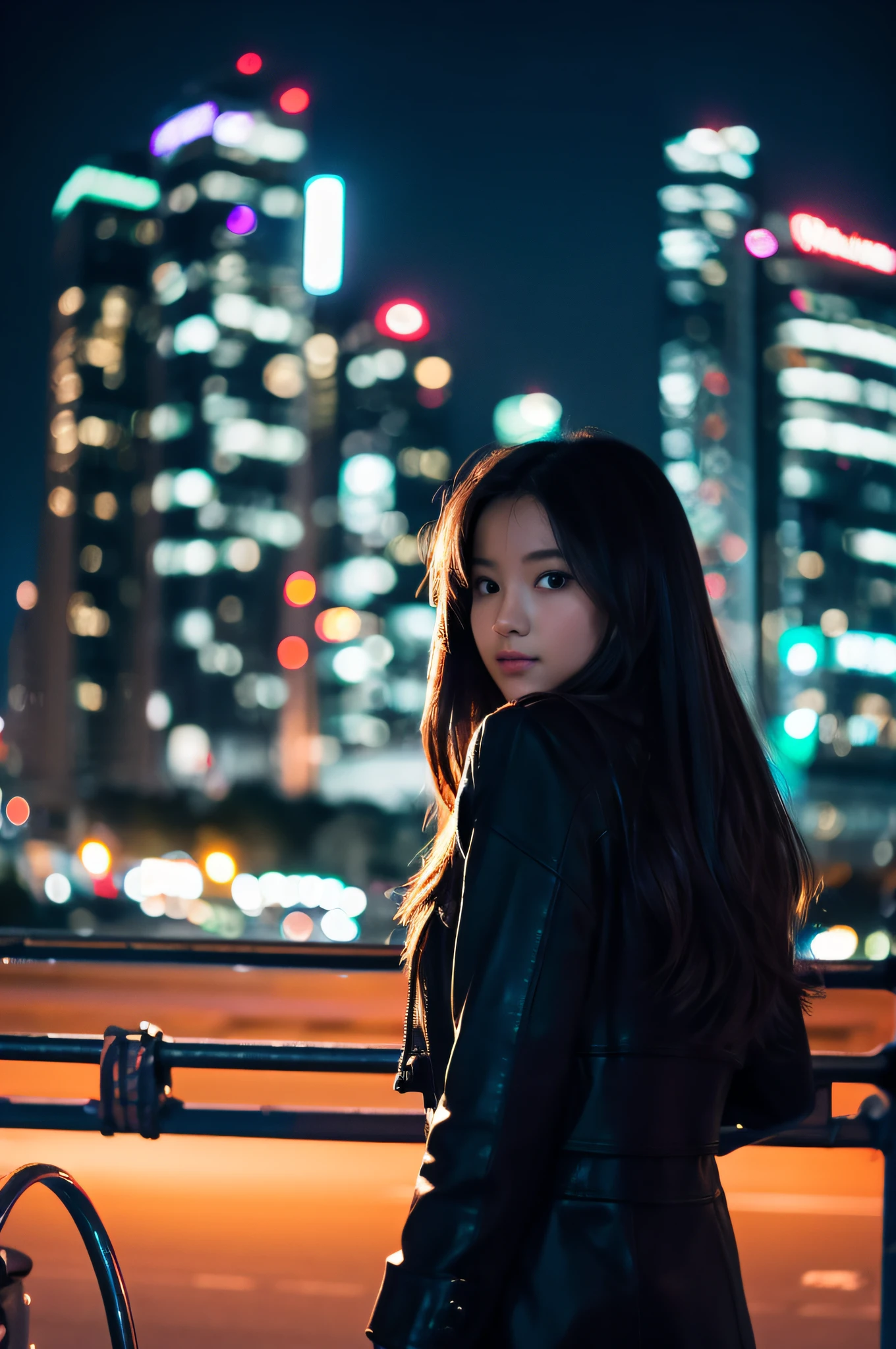 Night city, 1girl in, slender,Beautuful Women