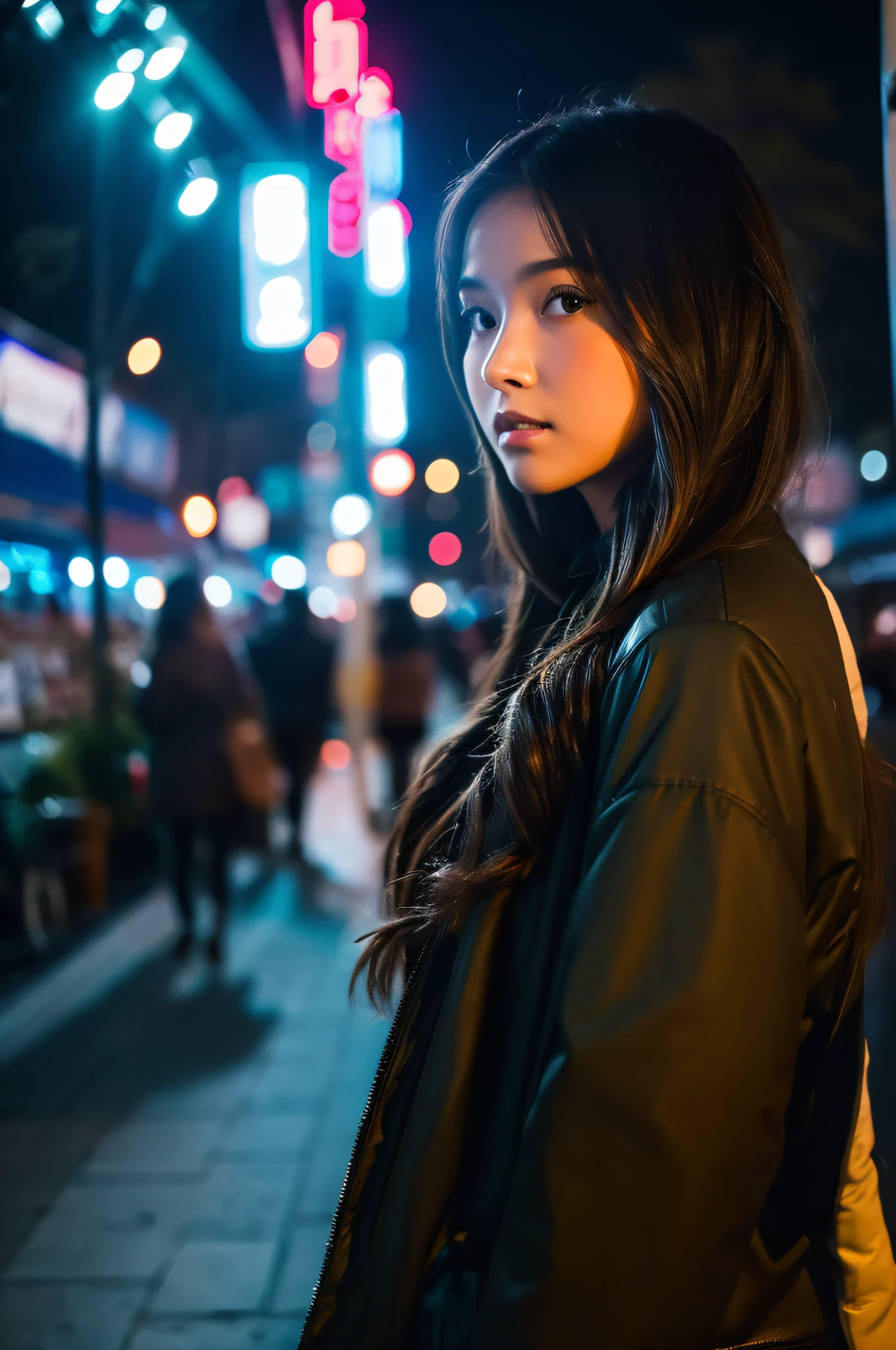 Night city, 1girl in, slender,Beautuful Women
