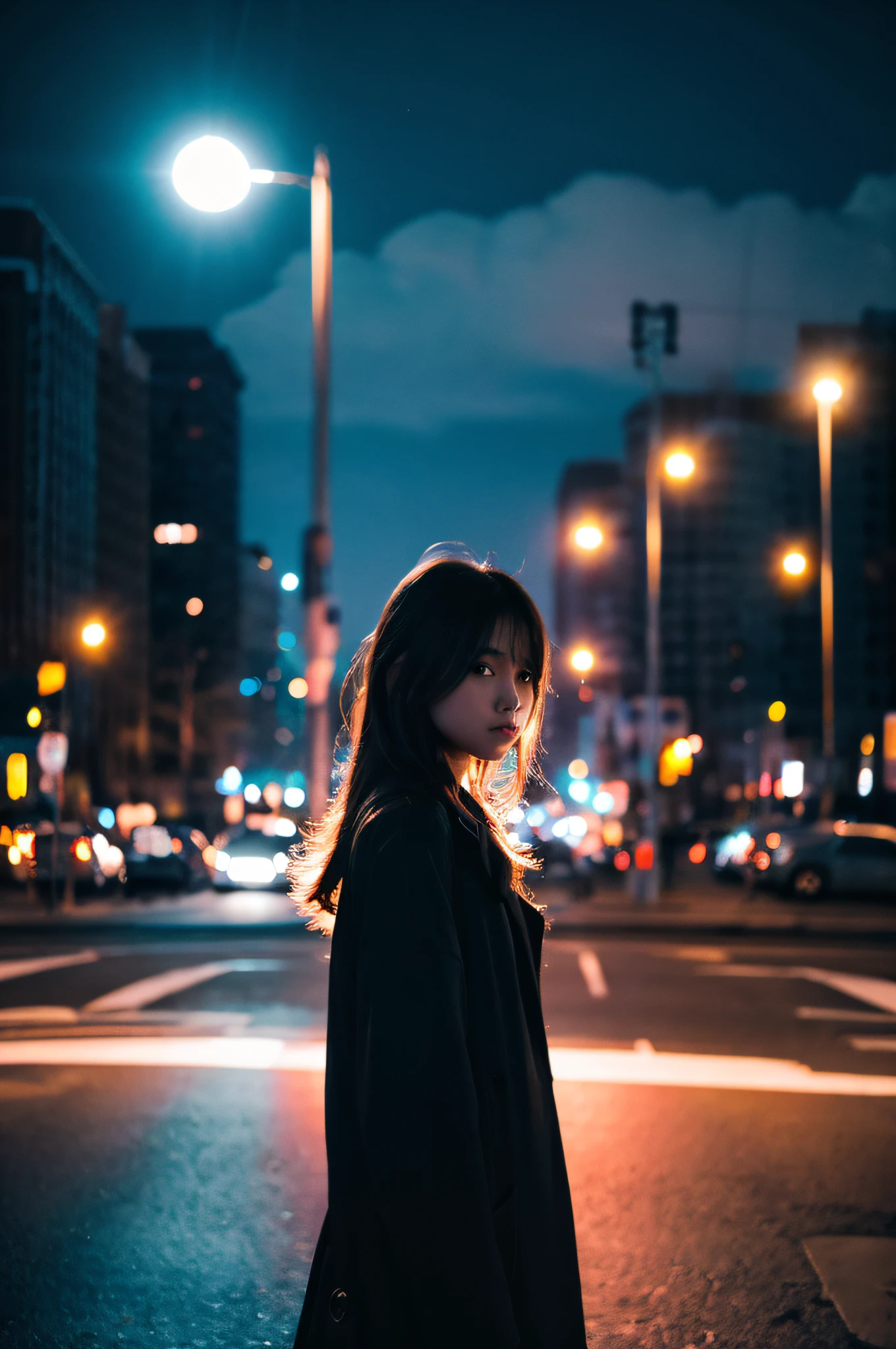 Night city, 1girl in, slender,Beautuful Women
