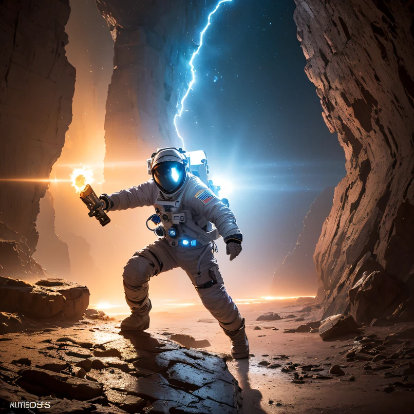 ((ultra real detailed.The astronaut) (Masterpiece, Top quality, Best quality, offcial art, Beauty and aesthetics: 1.2), Very detailed, Colorful, Most detailed, branches, The astronaut, (Mards)The astronaut(canyons), (Linen future spacesuit), Angry fighting stance, looking at the ground, Batik linen bandana,Astronaut Canyon(Abstract propylene splash:1.2), Dark clouds lightning background,Sprinkle with gold dust(realisticlying:1.4),Black color hair,starryskybackground, A high resolution, the detail, RAW photogr, Sharp Re, Nikon D850 Film Stock Photo by Jefferies Lee 4 Kodak Portra 400 Camera F1.6 shots, Rich colors, ultra-realistic vivid textures, Dramatic lighting, Unreal Engine Art Station Trend, cinestir 800,Snowflakes fluttering,(((Mards)))