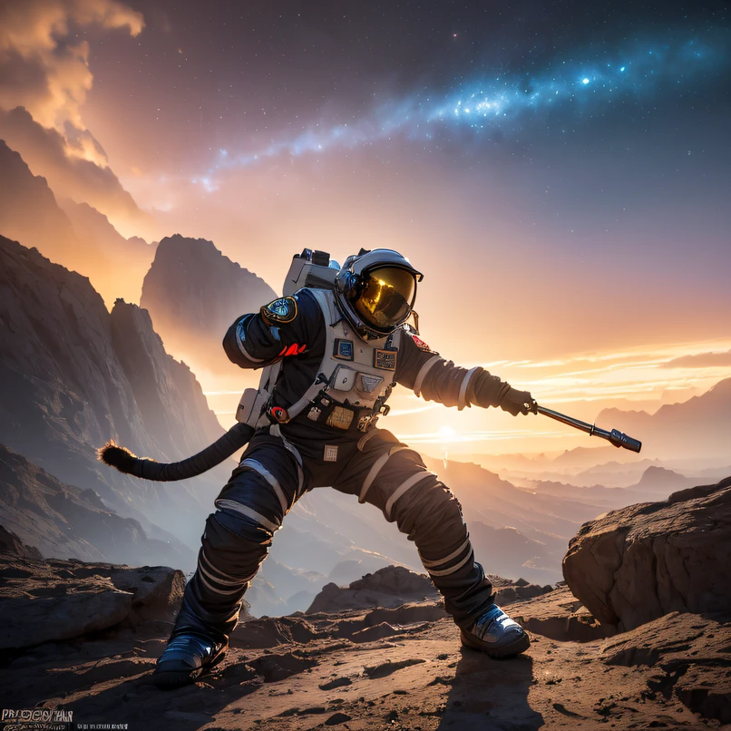 ((ultra real detailed.The astronaut) (Masterpiece, Top quality, Best quality, offcial art, Beauty and aesthetics: 1.2), Very detailed, Colorful, Most detailed, branches, The astronaut, (Mards)The astronaut(canyons), (Linen future spacesuit), Angry fighting stance, looking at the ground, Batik linen bandana,Astronaut Canyon(Abstract propylene splash:1.2), Dark clouds lightning background,Sprinkle with gold dust(realisticlying:1.4),Black color hair,starryskybackground, A high resolution, the detail, RAW photogr, Sharp Re, Nikon D850 Film Stock Photo by Jefferies Lee 4 Kodak Portra 400 Camera F1.6 shots, Rich colors, ultra-realistic vivid textures, Dramatic lighting, Unreal Engine Art Station Trend, cinestir 800,Snowflakes fluttering,(((Mards)))