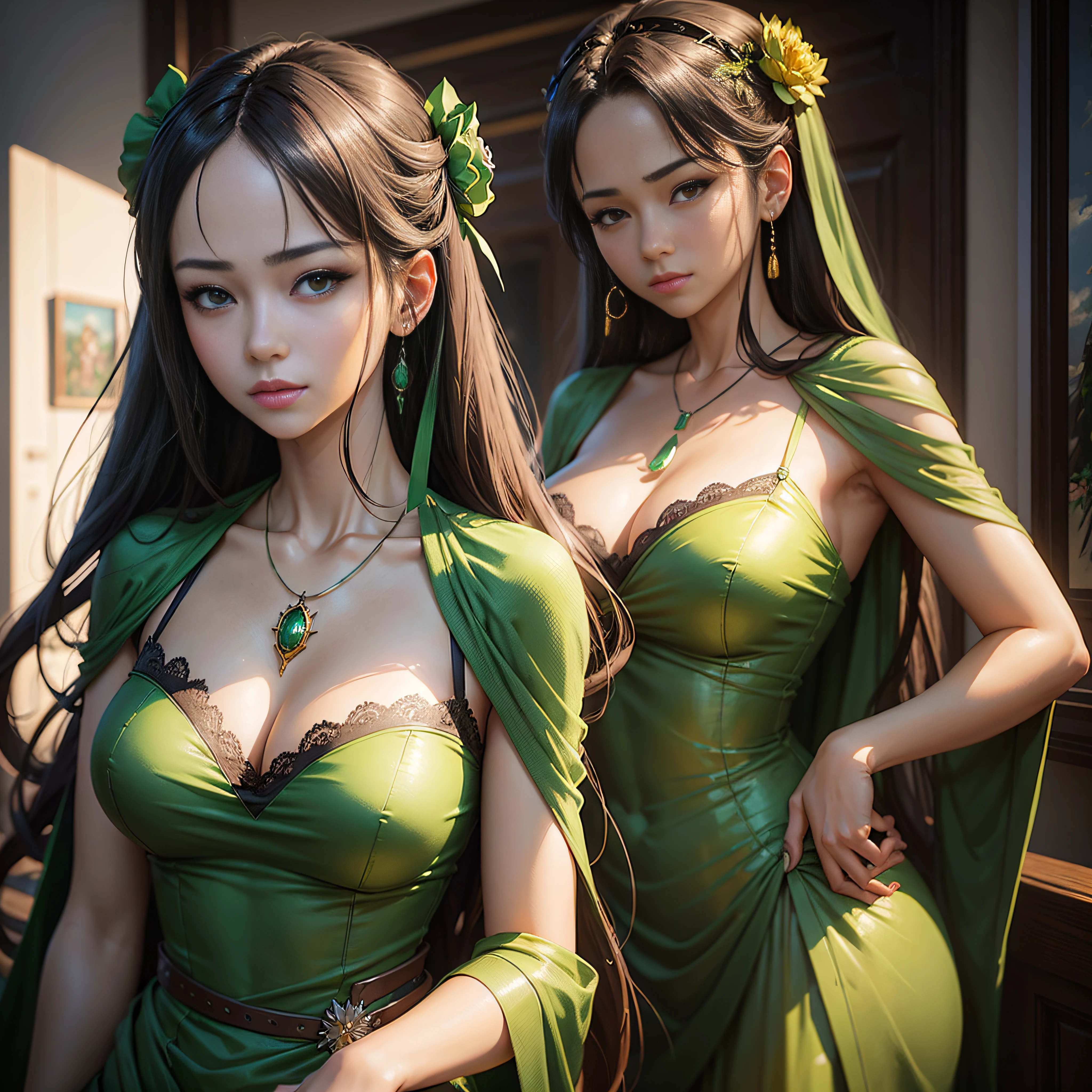 Close up portrait of woman with green dress and necklace, artwork in the style of guweiz, realistic anime 3 d style, Beautiful Anime Portrait, Anime Realism Style, detailed portrait of an anime girl, beautiful character painting, by Yang J, Stunning anime face portrait, realistic anime art style, Portrait of an anime girl, beautiful anime style --auto