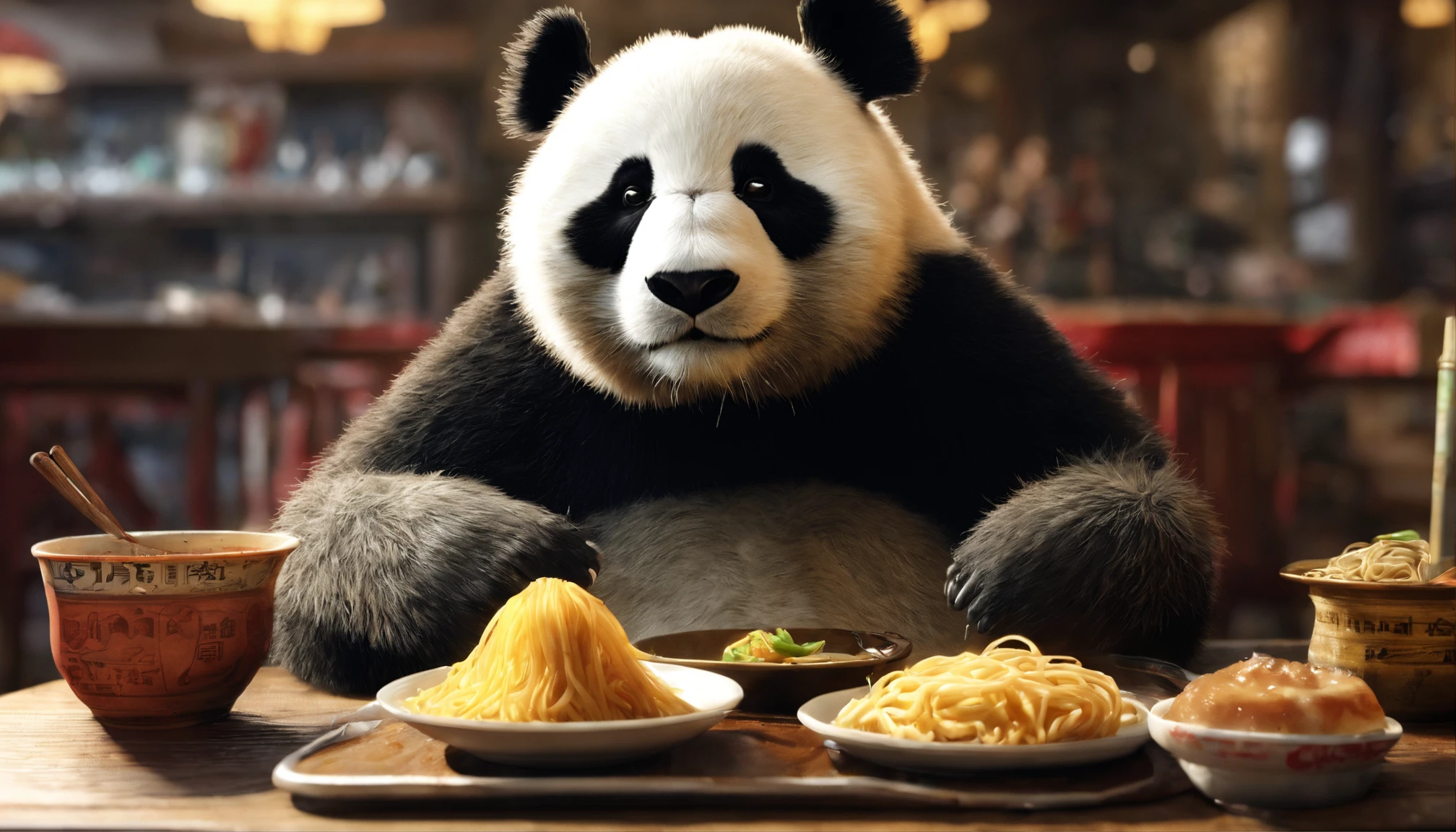 Capture a heartwarming moment of a giant furry panda sitting at a noodle restaurant table, Crowded restaurant, Savor a bowl of Shanxi knife noodles, Fried yellow cake, and a bottle of soda. The panda's face should shine with pure happiness and surprise, A bite of noodles, It's like tasting this beloved noodle for the first time, 4K