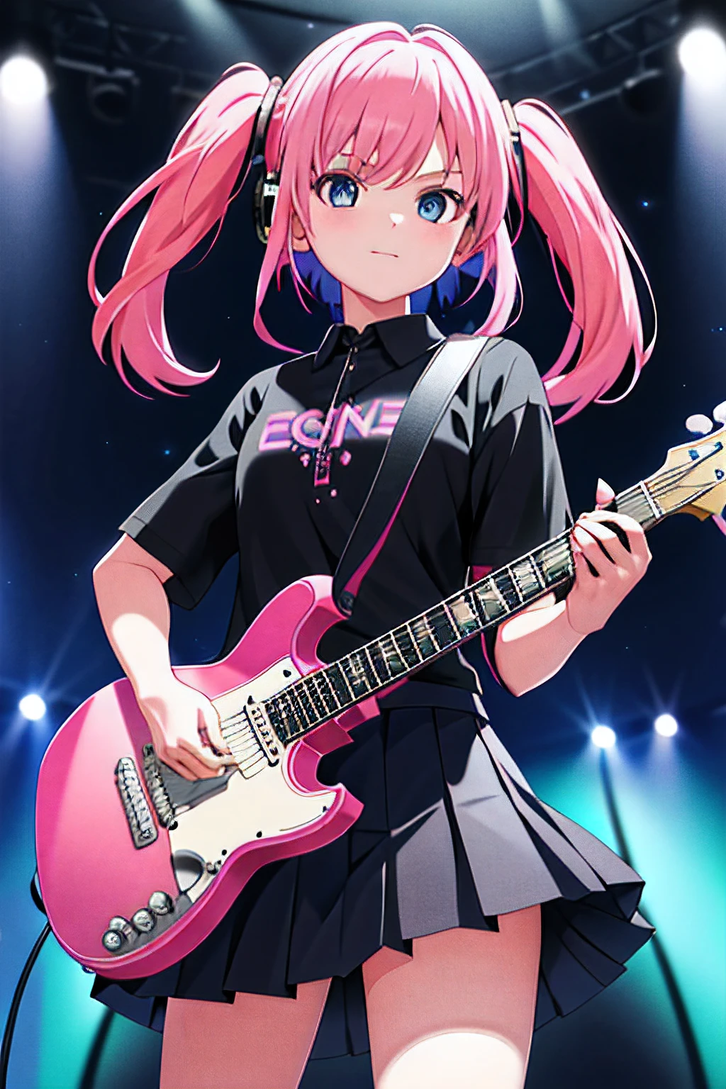 1girl, solo, black skirt, blue eyes, electric guitar, guitar, headphones, holding, holding plectrum, instrument, long hair, , music, one side up, pink hair, playing guiter, pleated skirt, black shirt, indoors