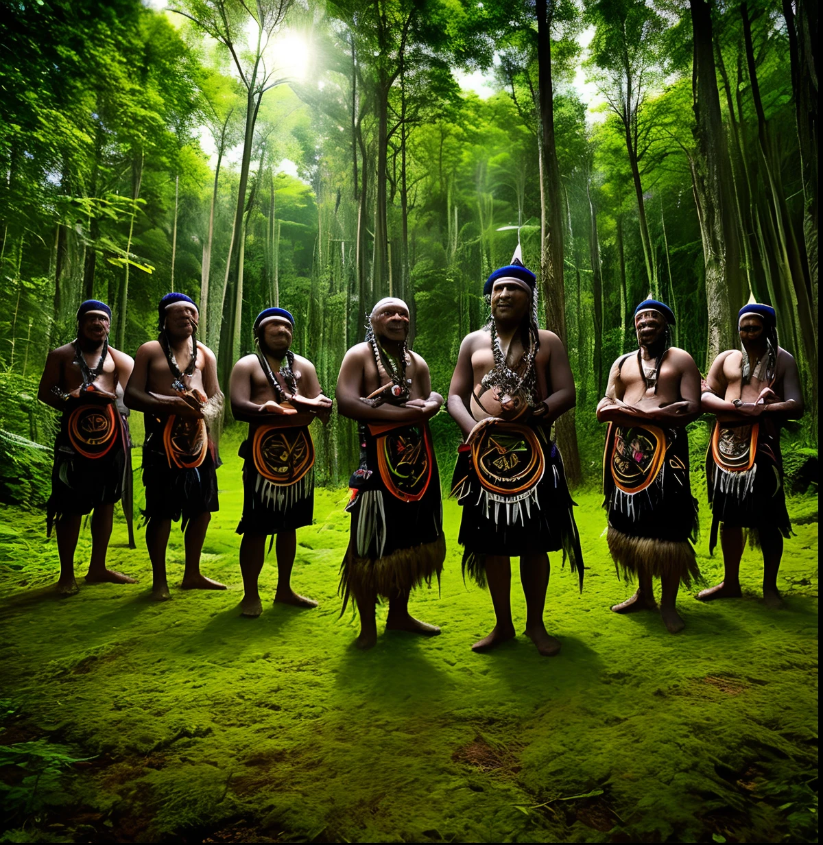 black tribal chiefs, with very detailed photos, perfect lighting and a natural green forest background