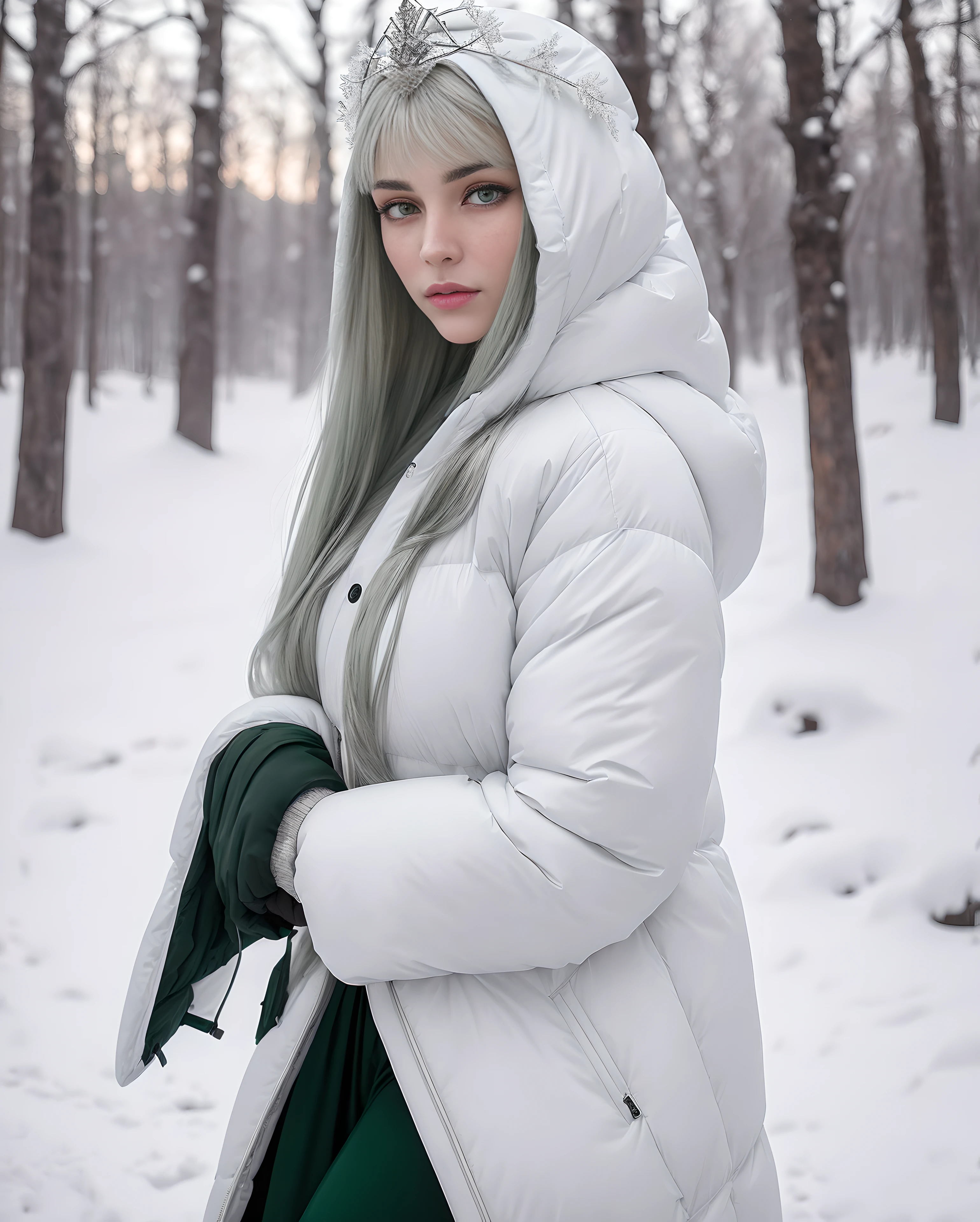 (Masterpiece, Best Quality), Snowy day, half body shot , Side Shot, 25-year-old pointy-eared elf , Long white straight hair to the ground , (big green eyes:1,2), A detailed eye, flower tiara, sultry flirtatious look, Body jewelry, little chest, The Goddess of Winter, Oversized white puffer jacket, in RAW format, 8K, Top Quality, Masterpiece, (See the camera: 1.3), photo, (Beautiful), Snow-covered forest, nightfall.