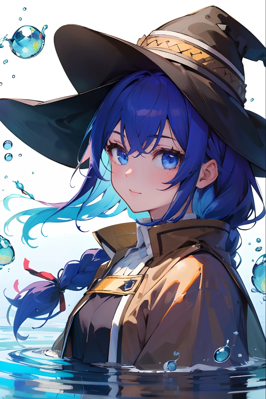 ((masterpiece,best quality)),
roxy migurdia, 1girl, bangs, black headwear, witch hat, blue eyes, blue hair, braid, brown cape, floating hair, hair between eyes, looking at viewer, portrait, water drop, magic