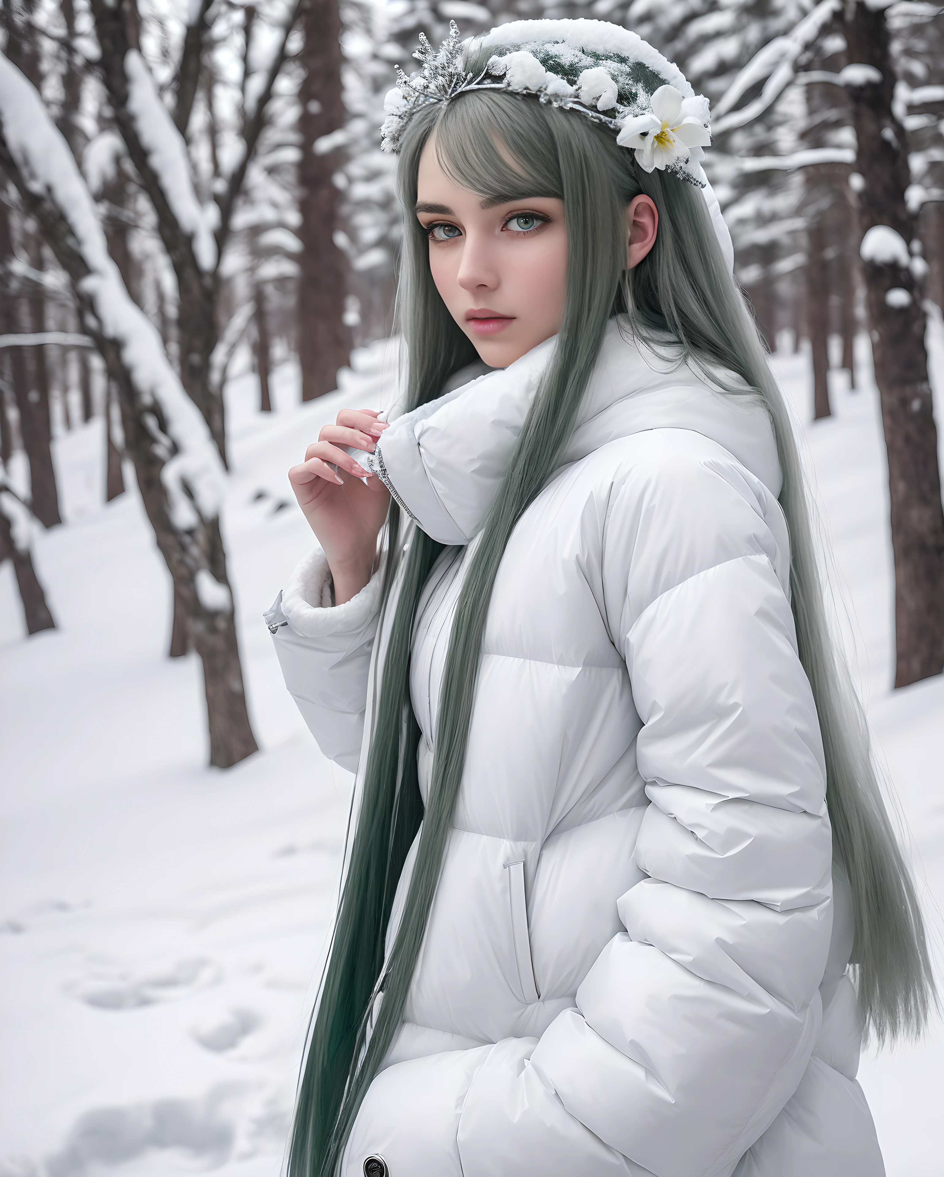 (Masterpiece, Best Quality), Snowy day, half body shot , Side Shot, 25-year-old pointy-eared elf, Long wavy ash hair, big green eyes, A detailed eye, flower tiara, sultry flirtatious look, Body jewelry, little chest, The Goddess of Winter, White fluffy fur coat with waist-length fur collar, in RAW format, 8K, Top Quality, Masterpiece, (See the camera: 1.3), photo, (Beautiful), Winter forest background during snowfall.