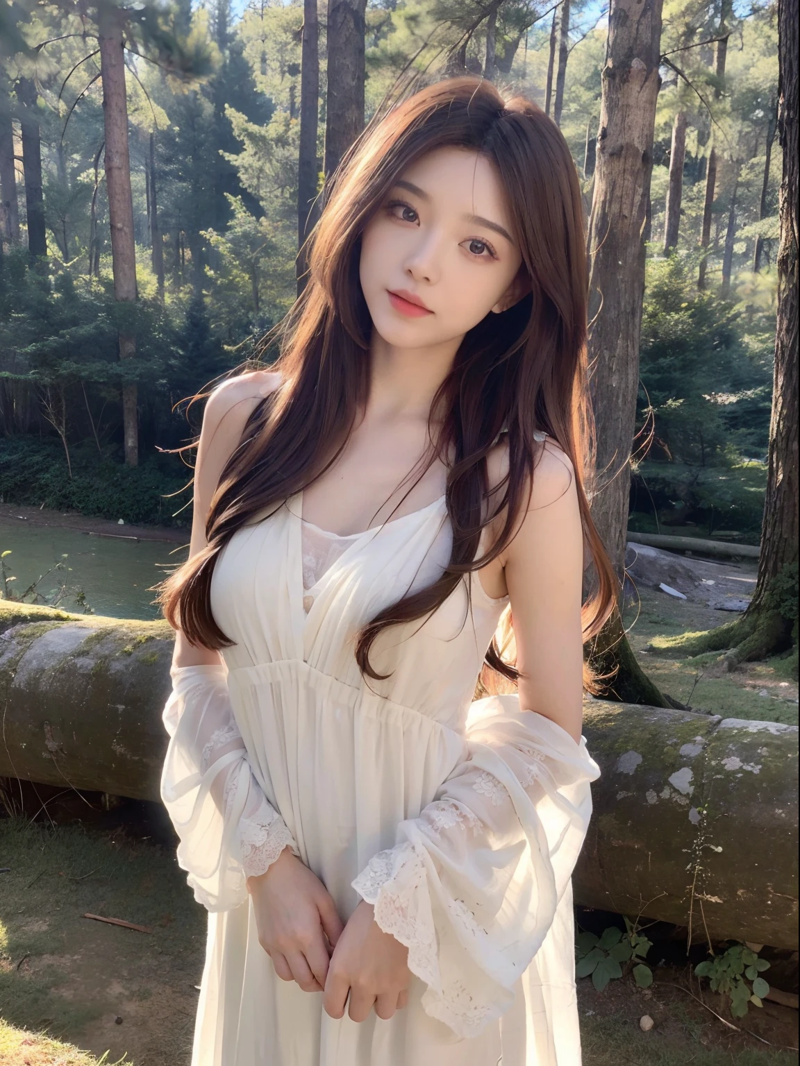 ，Masterpiece, Best quality，8K, 超高分辨率，(beautidful eyes:1.5)， ((Medium view，The upper part of the body:1.5))，In a quiet forest，Sunlight shines on the lake through the dense foliage，Form mottled shadows。A gentle goddess stands by the lake，She wore a soft white dress，Long hair flutters in the wind。