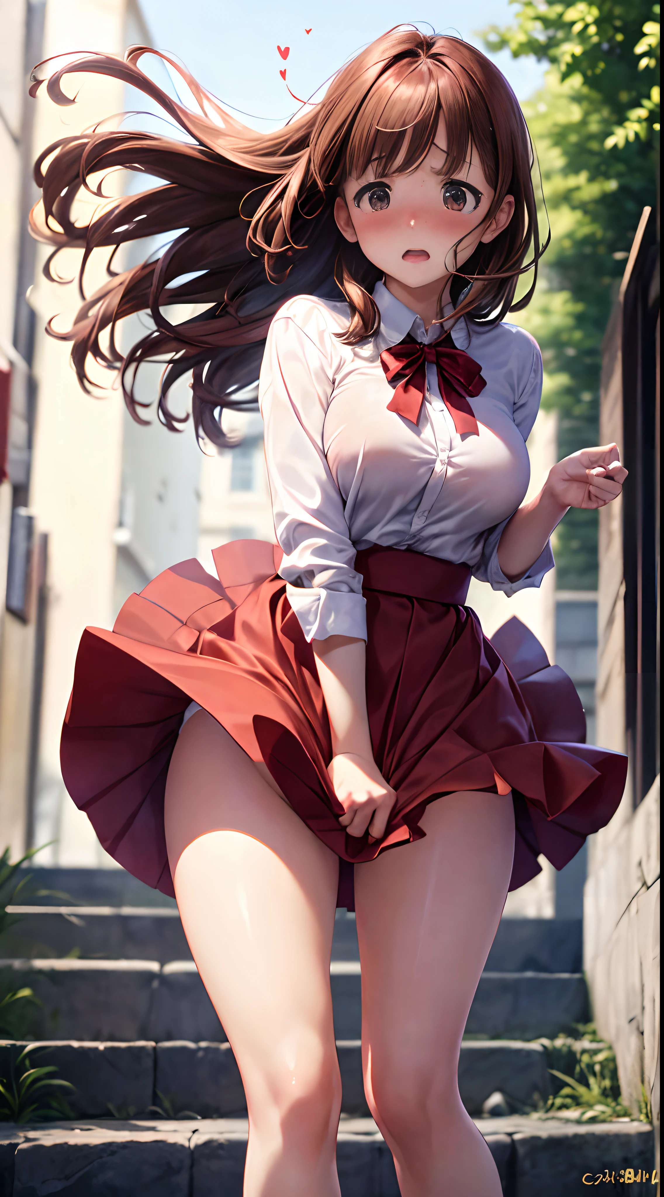 1womanl,Brown hair,Red ribbons ,((Surprised look)),Beautiful breasts,White shirt,Red dress,well-styled,,(Facing the front)(((Blushing cheeks、embarassed expression)),(((The skirt is rolled up by the wind)))