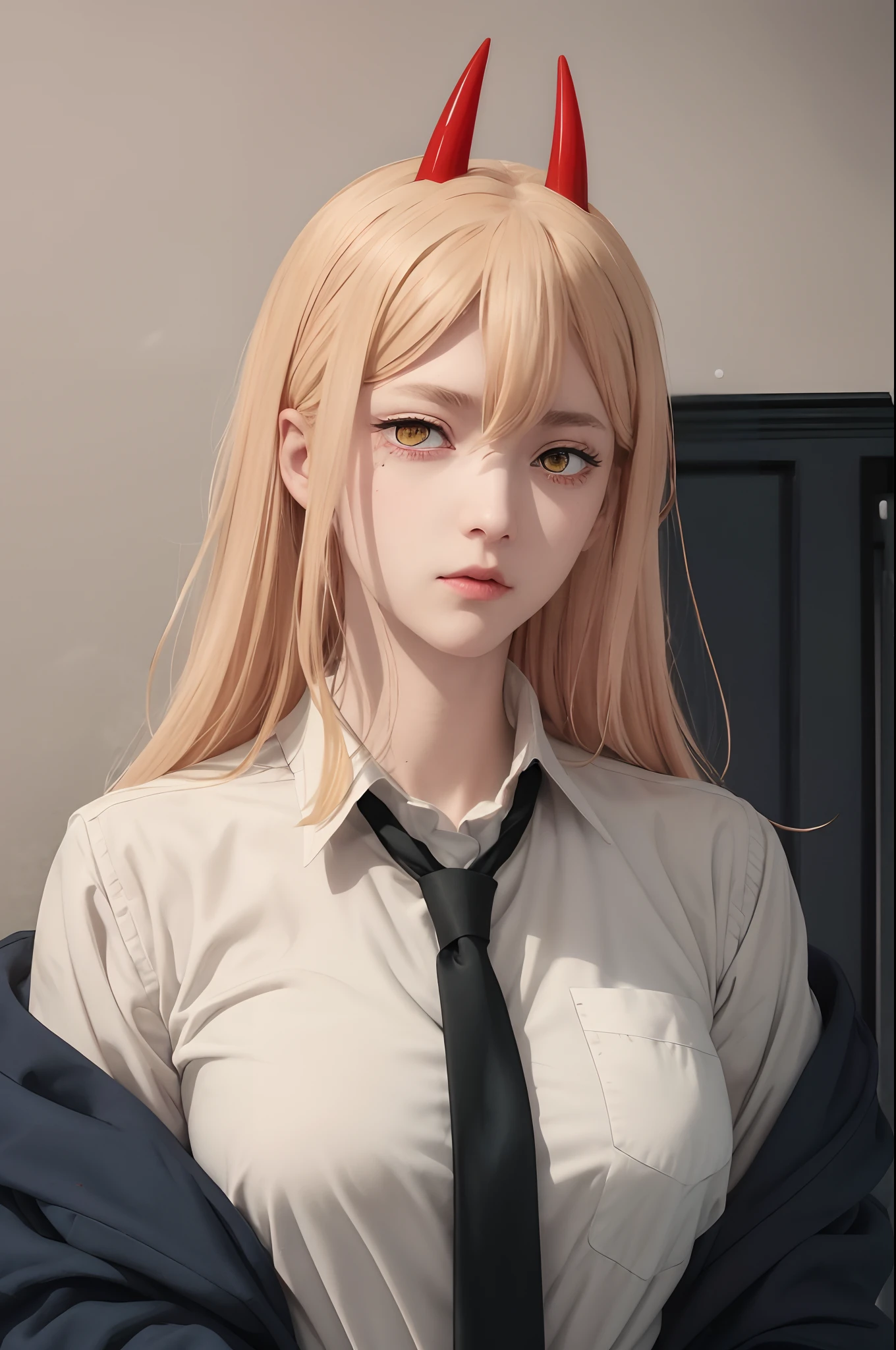 (best quality), (masterpiece), (solo), 1girl, power_csm, blonde hair, yellow eyes, cross-shaped pupils, symbol-shaped pupils, red horns, white buttoned shirt, blue jacket, black necktie,