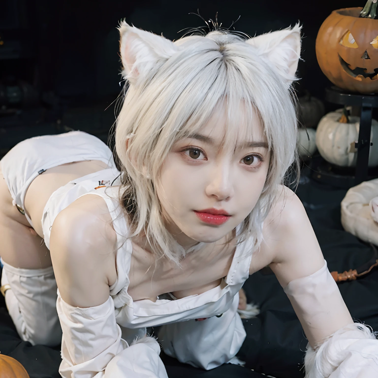 8K、(((Halloween atmosphere)))、(White underwear)、(Being on all fours)、(((White hair color))) 、pumpkins、undersized head、Best Quality, 超A high resolution, (Realism: 1.4), Realistic Photos, (True skin texture: 1.3), Beautiful eyes and face details, masutepiece, Best Quality, bob cuts、18year old、(((White cat ears)))