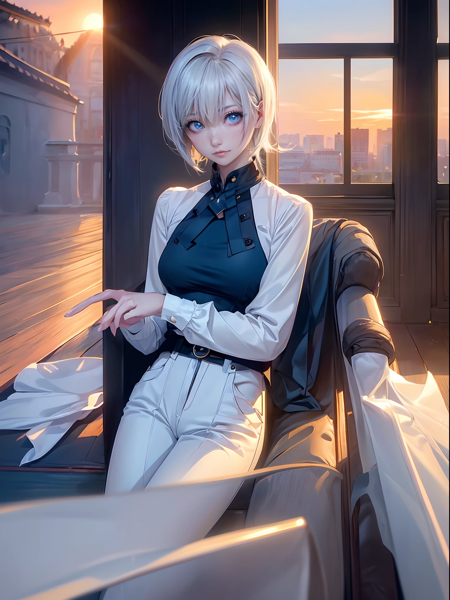 ((4K works))、​masterpiece、(top-quality)、One Beautiful Girl、Slim body、tall、((Black Y-shirt and white pants、Charming street style))、(Detailed beautiful eyes)、verandah、Castles inhabited by nobles、Black shop window、Veranda in the evening、((rays of sunshine))、((Shot on a stylish veranda))、the setting sun、((Face similar to Carly Rae Jepsen))、((Short-haired white hair))、((Smaller face))、((Neutral face))、((Bright blue eyes))、((American adult women))、((Adult female 26 years old))、((cool lady))、((Like a celebrity))、((Wild look))、((Korean Makeup))、((elongated and sharp eyes))、((Happy dating))、((boyish))、((Upper body photography))、Professional Photos、((Shot alone))、((shot from back))、((Shot in close proximity to her))、((Focus zoom in))、((She is watching the sunset))