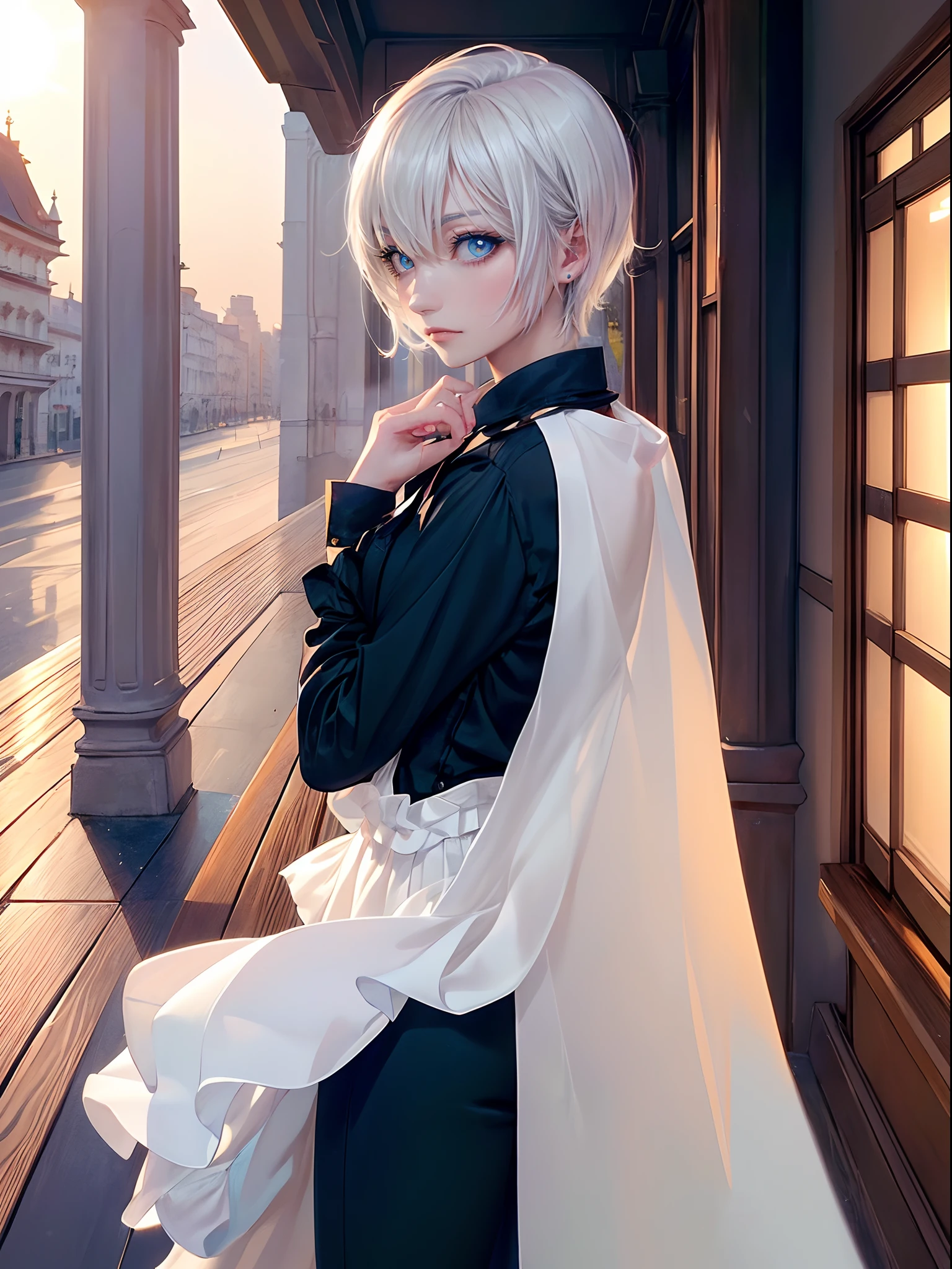 ((4K works))、​masterpiece、(top-quality)、One Beautiful Girl、Slim body、tall、((Black Y-shirt and white pants、Charming street style))、(Detailed beautiful eyes)、verandah、Castles inhabited by nobles、Black shop window、Veranda in the evening、((rays of sunshine))、((Shot on a stylish veranda))、the setting sun、((Face similar to Carly Rae Jepsen))、((Short-haired white hair))、((Smaller face))、((Neutral face))、((Bright blue eyes))、((American adult women))、((Adult female 26 years old))、((cool lady))、((Like a celebrity))、((Wild look))、((Korean Makeup))、((elongated and sharp eyes))、((Happy dating))、((boyish))、((Upper body photography))、Professional Photos、((Shot alone))、((shot from back))、((Shot in close proximity to her))、((Focus zoom in))、((She is watching the sunset))