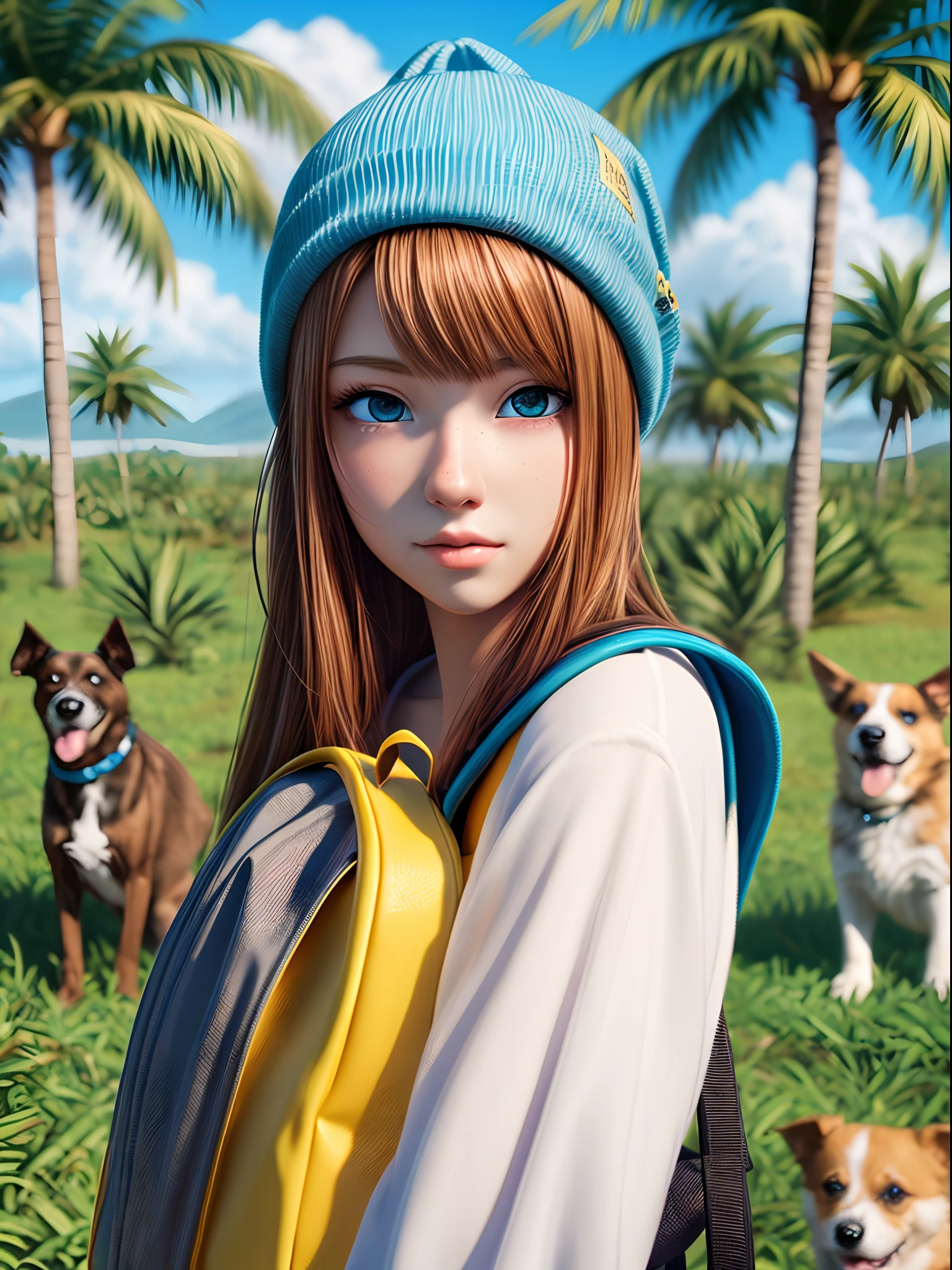 anime girl with a (((yellow backpack))) and (((four dogs in a field of coconut trees))), ((((blue eyes girl)))), (((The girl is wearing a beanie))), cute detailed digital art, adorable digital painting, ((((camera a front of character)))), artwork in the style of guweiz, realistic anime 3 d style, anime styled 3d, render of a cute 3d anime girl, made with anime painter studio, anime style. 8k, childrens art in artstation, anime visual of a cute girl,