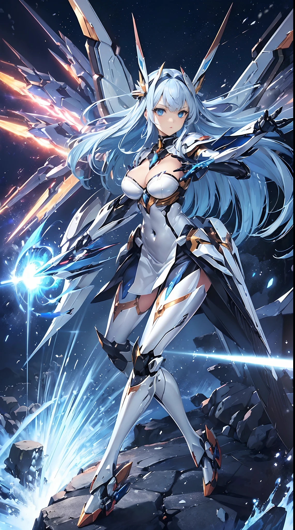 ((masutepiece:1.2)), ((Highest Quality)), (Ultra High Resolution), superfine illustration, Highly detailed face, Raw photo, Professional, Ultra-fine painting, Detailed metal texture, Detailed Cloth Texture, Perfect Anatomy, real, (Solo), ((Beautiful woman dressed as a mecha angel)), Beautiful breasts, concept-art, (Battle Pose), Detailed Science Fantasy Art, (Beautiful and shiny silver hair), ((has beautiful and symmetrical special attack weapon type mechanical wings)), (Beautiful blue eyes), (Detailed beautiful eyes:1.6), (mecha:1.6)Sleek and menacing design, (action pose), (Marshal's exclusive pearl white and sapphire blue special attack weapon type armor dress), Starry sky, NSFW, no robot