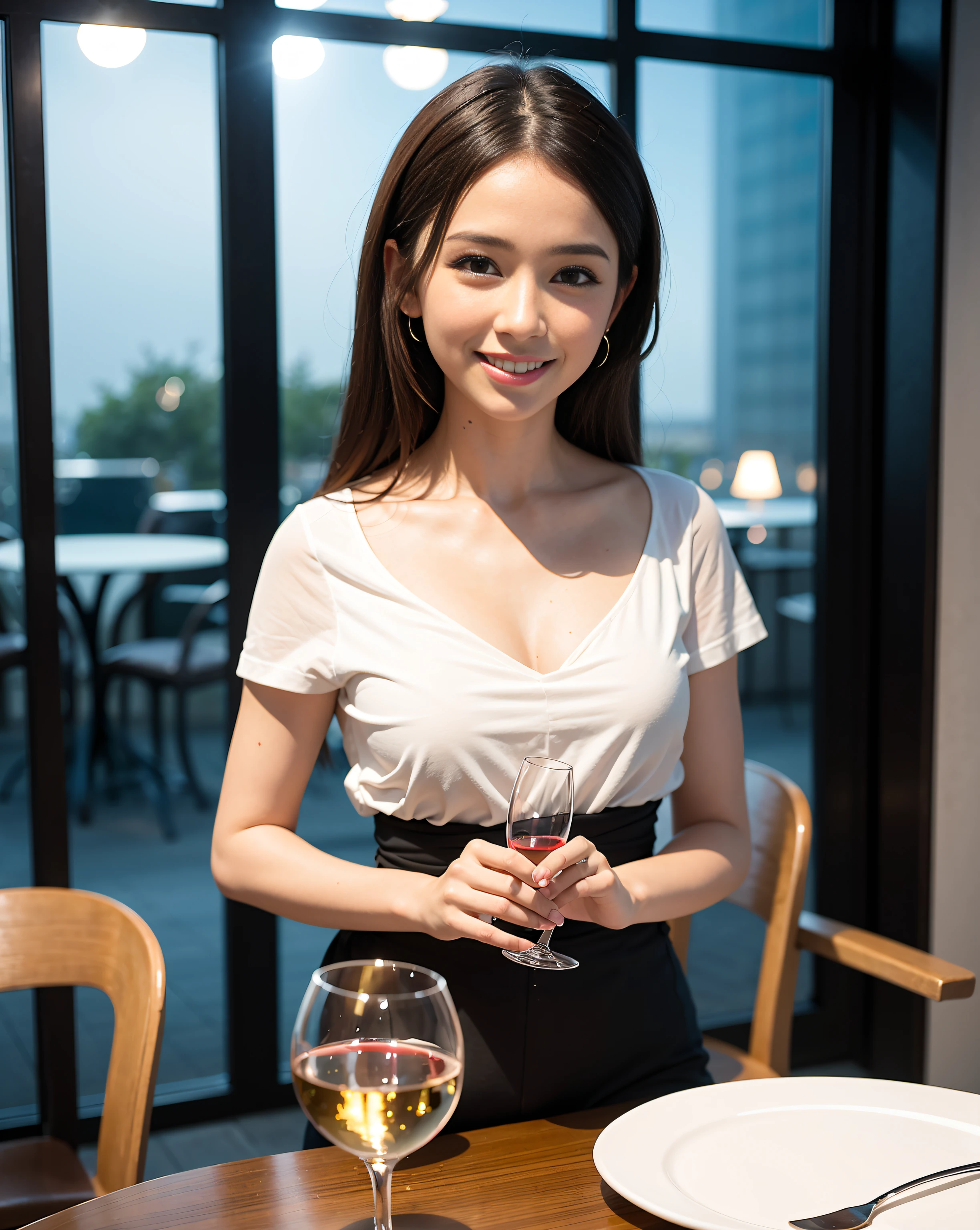 (64K, UHD, top quality, masterpiece: 1.2), (realistic, photorealistic: 1.37), super detailed, pretty woman 1 person, (slim face), (slim body), (brown hair), (short cut), cheeks slightly blushing, (44 years old), 38 years old, solo, beautiful detailed urban night view outside the window, restaurant, wine glasses sit, at night, in a prominent placeNovaFrogStyle, Actress, Model, Waist Up, White Wine, Slim, Wine Glass, Super Clean Night View, Wine Glass Put in the Middle, Happy Smile, (Smile: 1.15), Beautiful Fine Eyes, Upper Body, Bust Japan Up, Night, Short, Short, Actress, Model, Waist Up, White Wine, Slim, Wine Glass, Super Clean Night View, Wine Glass Put in the Middle, Happy Smile,