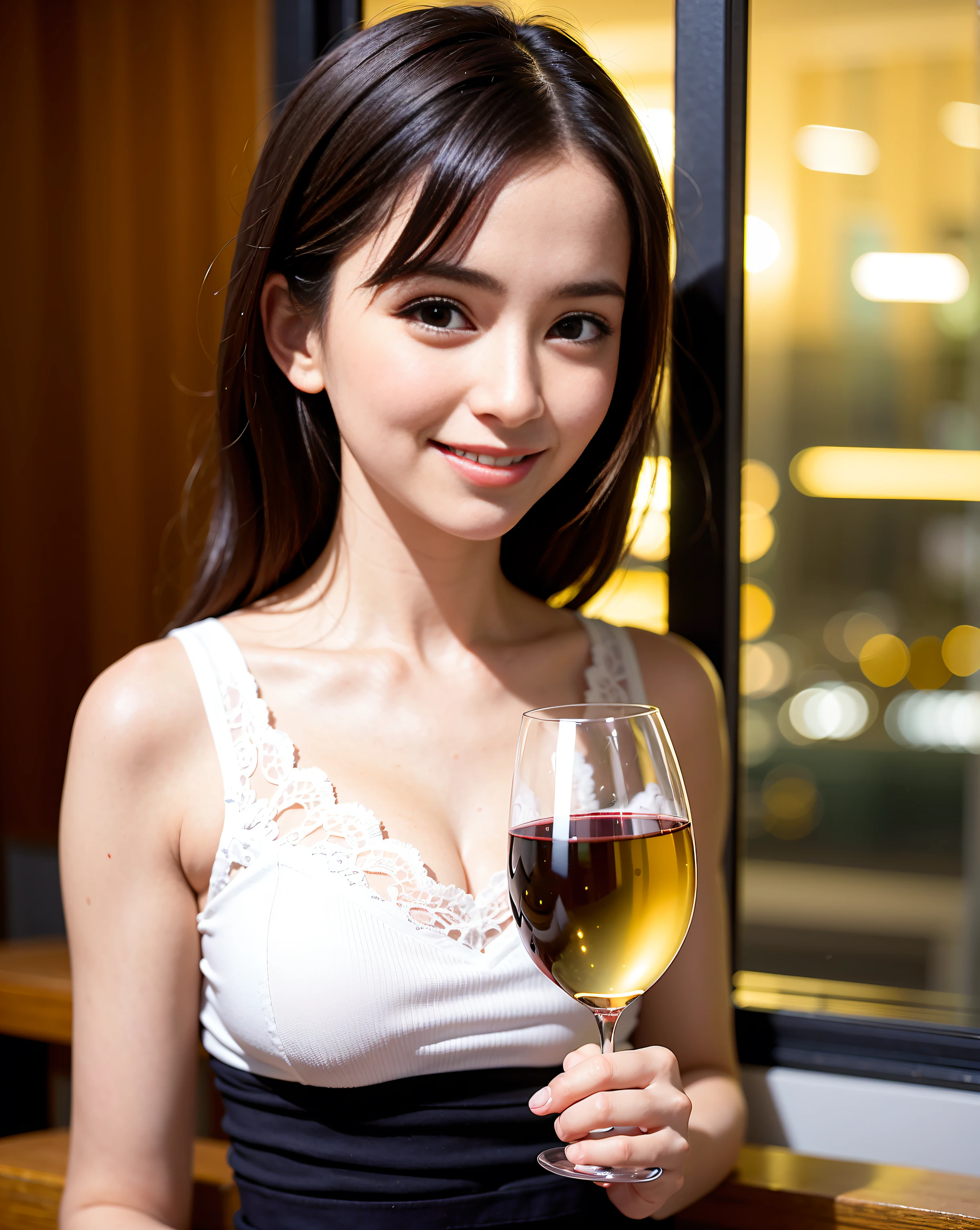 (64K, UHD, top quality, masterpiece: 1.2), (realistic, photorealistic: 1.37), super detailed, pretty woman 1 person, (slim face), (slim body), (brown hair), (short cut), cheeks slightly blushing, (44 years old), 38 years old, solo, beautiful detailed urban night view outside the window, restaurant, wine glasses sit, at night, in a prominent placeNovaFrogStyle, Actress, Model, Waist Up, White Wine, Slim, Wine Glass, Super Clean Night View, Wine Glass Put in the Middle, Happy Smile, (Smile: 1.15), Beautiful Fine Eyes, Upper Body, Bust Japan Up, Night, Short, Short, Actress, Model, Waist Up, White Wine, Slim, Wine Glass, Super Clean Night View, Wine Glass Put in the Middle, Happy Smile,