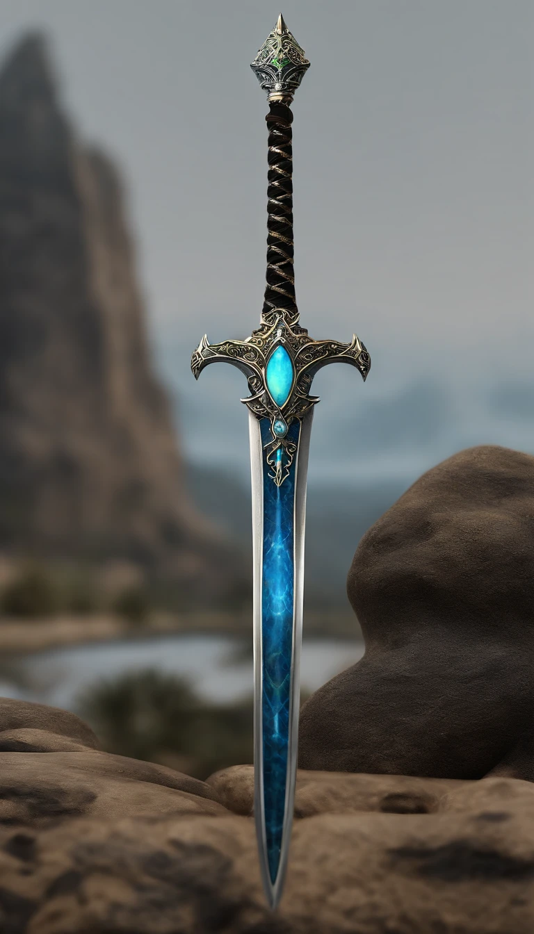 Excalibur, Delicate mango, The sword body is exquisite，well decorated,（((The body of the sword is designed with a blue opal and a light green particle effect shaped pattern..：1.3))), Should, (The sword body is symmetrically decorated:1.3), (The entire Excalibur blade is centered:1.3), Close-up at medium range,（General silhouette:1.3),（Fantastic landscape painting:1.2), Ultra Realistic Photo, super-fine, 8K, Premium wallpapers, the highest picture quality, ..。.。.3D,C4D, tmasterpiece, rendering by octane