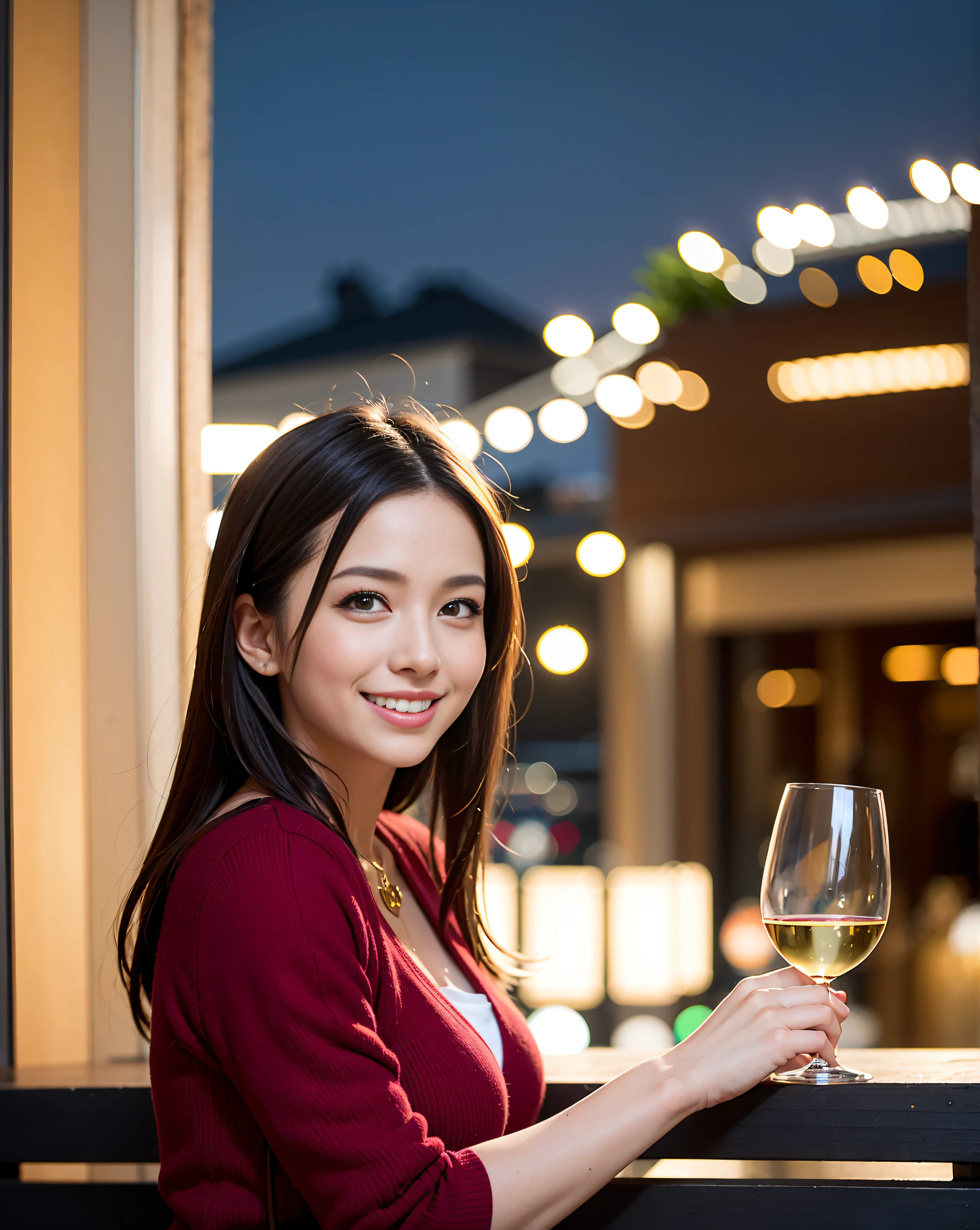 (64K, UHD, top quality, masterpiece: 1.2), (realistic, photorealistic: 1.37), super detailed, pretty woman 1 person, (slim face), (slim body), (brown hair), (short cut), cheeks slightly blushing, (44 years old), 38 years old, solo, beautiful detailed urban night view outside the window, restaurant, wine glasses sit, at night, in a prominent placeNovaFrogStyle, Actress, Model, Waist Up, White Wine, Slim, Wine Glass, Super Clean Night View, Wine Glass Put in the Middle, Happy Smile, (Smile: 1.15), Beautiful Fine Eyes, Upper Body, Bust Japan Up, Night, Short, Short, Actress, Model, Waist Up, White Wine, Slim, Wine Glass, Super Clean Night View, Wine Glass Put in the Middle, Happy Smile,