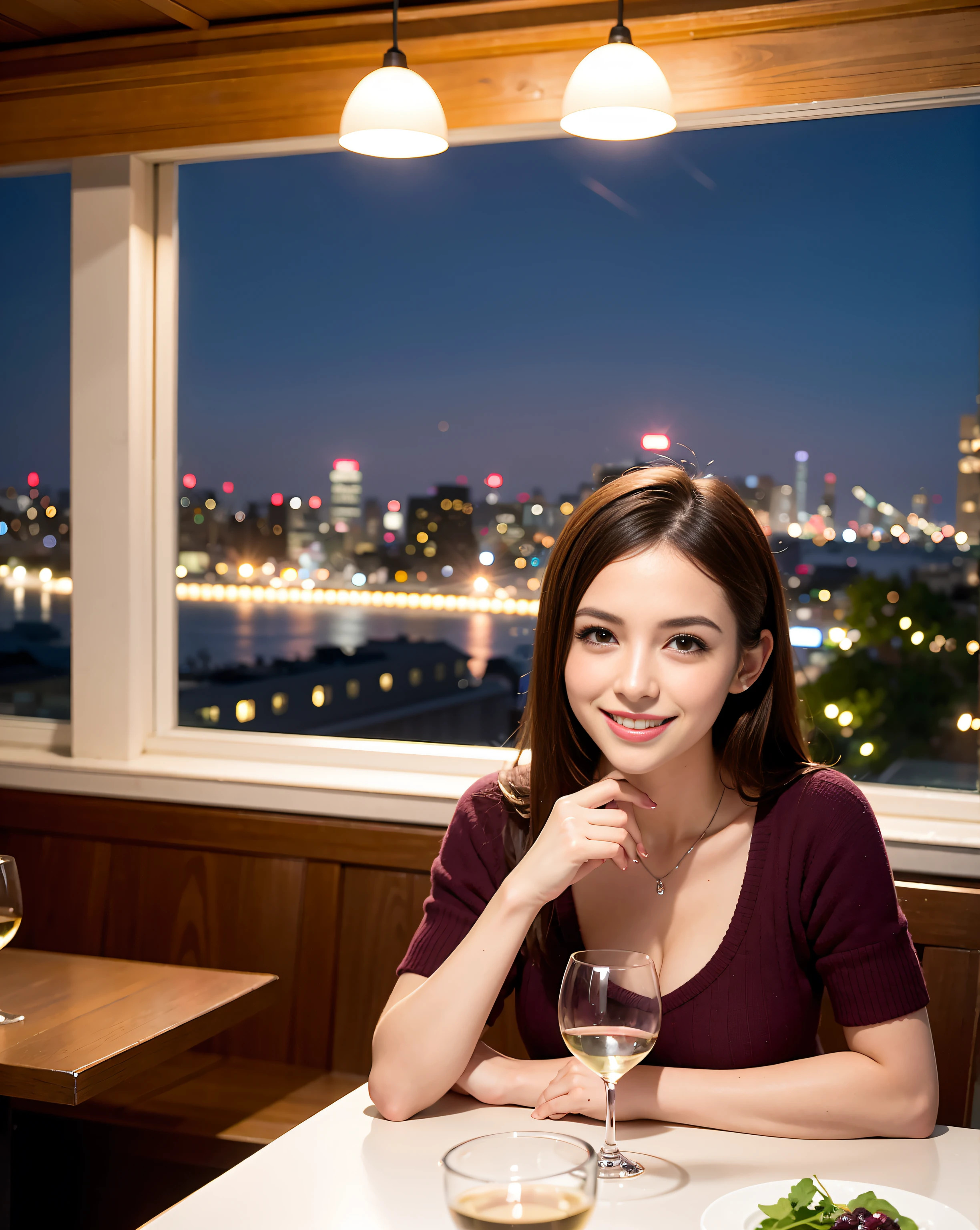 (64K, UHD, top quality, masterpiece: 1.2), (realistic, photorealistic: 1.37), super detailed, pretty woman 1 person, (slim face), (slim body), (brown hair), (short cut), cheeks slightly blushing, (44 years old), 38 years old, solo, beautiful detailed urban night view outside the window, restaurant, wine glasses sit, at night, in a prominent placeNovaFrogStyle, Actress, Model, Waist Up, White Wine, Slim, Wine Glass, Super Clean Night View, Wine Glass Put in the Middle, Happy Smile, (Smile: 1.15), Beautiful Fine Eyes, Upper Body, Bust Japan Up, Night, Short, Short, Actress, Model, Waist Up, White Wine, Slim, Wine Glass, Super Clean Night View, Wine Glass Put in the Middle, Happy Smile,