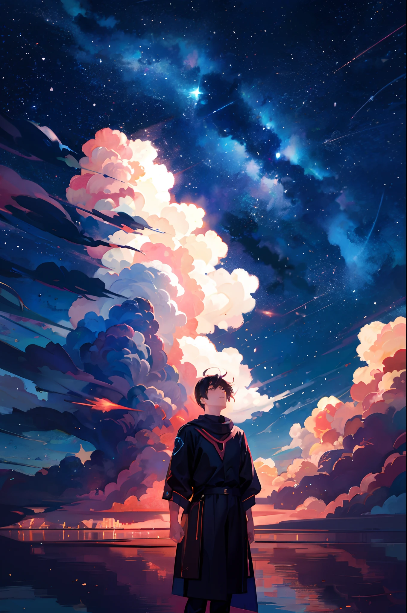 Illustrate the superhero boy engulfed in vibrant flames, symbolizing his extraordinary powers, and surrounded by dreamlike elements like floating clouds and stars to represent his connection to dreams.