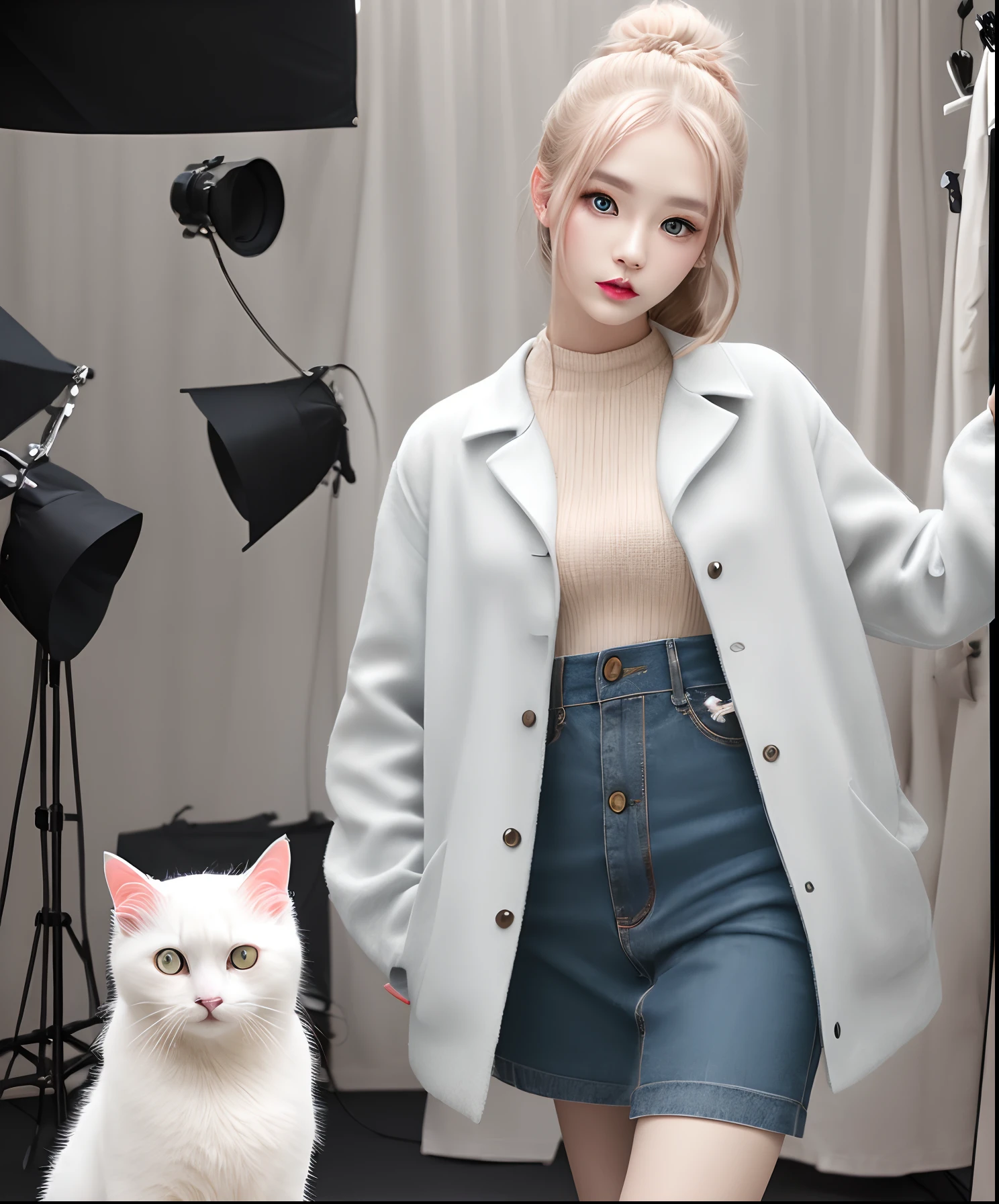 white cat、Fashionable、modeled、Fashionable clothes、Photography Studio、Looking at the camera