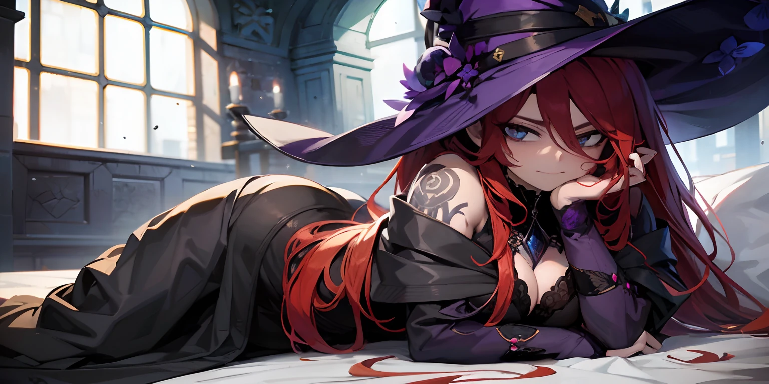 Anime - imagem de estilo de uma mulher em um traje de bruxa, deitado em uma cama, tatuagem no ombro, cushart krenz arte chave feminina, feiticeira bonita, uma bela feiticeira, Artgerm extremamente detalhado, magia de elenco de bruxa de anime de paquera, Impacto de Ayaka Genshin, feiticeira bonita, Melhor Anime 4K Konachan Wallpaper