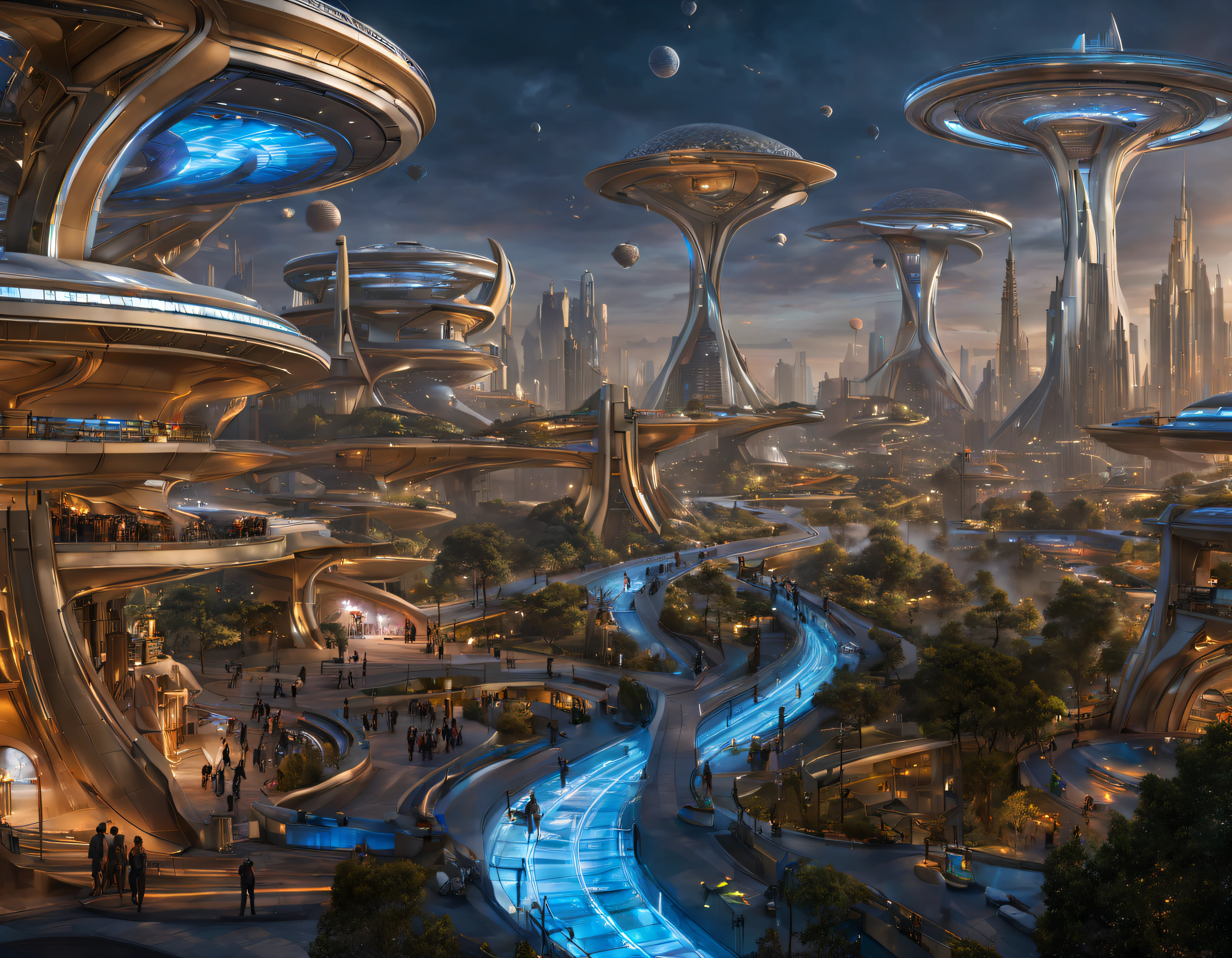 en un desconocido planeta se encuentra una futuristica ciudad de fantasia parecida a la de la pelicula tomorrowland, with huge buildings of super-technological design, puentes entre edificios, que forman una infinita avenida con estructuras acristaladas donde predominan el oro, plata y bronce, con colores vivos, pavimento ensolado sin brillo, poca gente paseando, similar a coruscant, imagen bien definida 8k, con muchos edificios juntos.