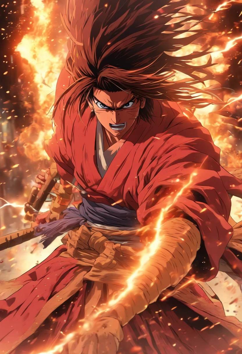 Rurouni Kenshin Attack his enemy  (in a Firestorm with lighting thunder vfx around), masterpiece, best quality, ultra quality, absurd details, best light, best shadow, sharp, sharp picture, detailed face, detailed eyes, detailed hair, detailed, extremely detailed, great resolution, 8k, 4k, uhd, ray tracing, beautiful effects, image of (full body)