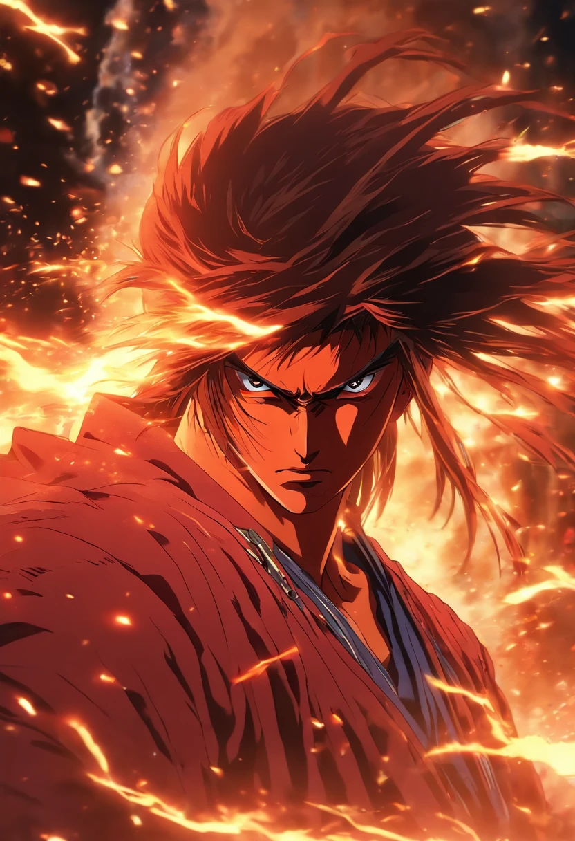 Rurouni Kenshin Attack his enemy  (in a Firestorm with lighting thunder vfx around), masterpiece, best quality, ultra quality, absurd details, best light, best shadow, sharp, sharp picture, detailed face, detailed eyes, detailed hair, detailed, extremely detailed, great resolution, 8k, 4k, uhd, ray tracing, beautiful effects, image of (full body)