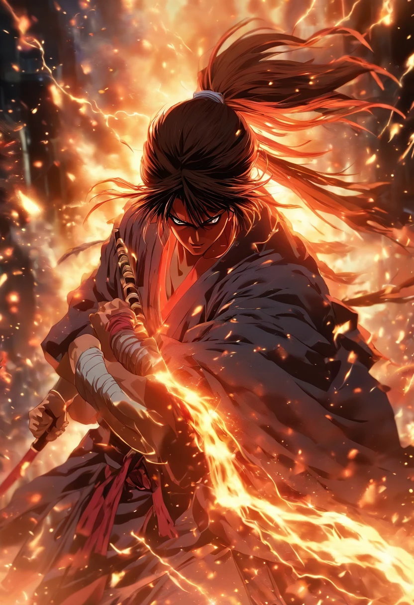 Rurouni Kenshin Attack his enemy  (in a Firestorm with lighting thunder vfx around), masterpiece, best quality, ultra quality, absurd details, best light, best shadow, sharp, sharp picture, detailed face, detailed eyes, detailed hair, detailed, extremely detailed, great resolution, 8k, 4k, uhd, ray tracing, beautiful effects, image of (full body)